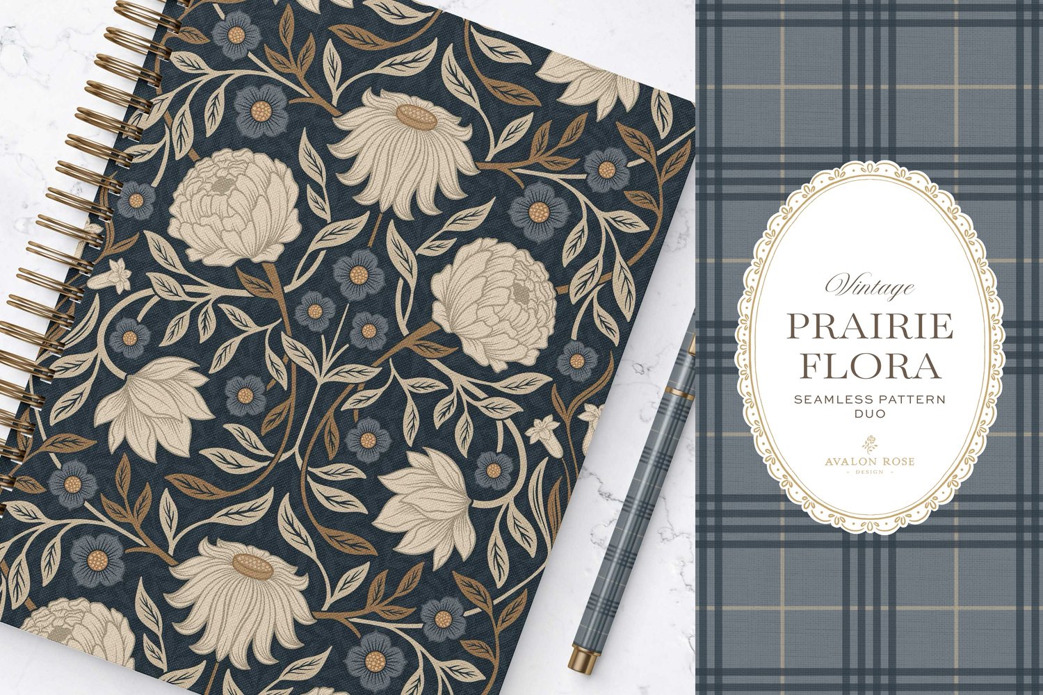 seamless surface pattern duo showcases a hand-drawn vintage tapestry floral in creamy ivory, dusty blue, and warm brass tones on a field of rich navy on a notebook