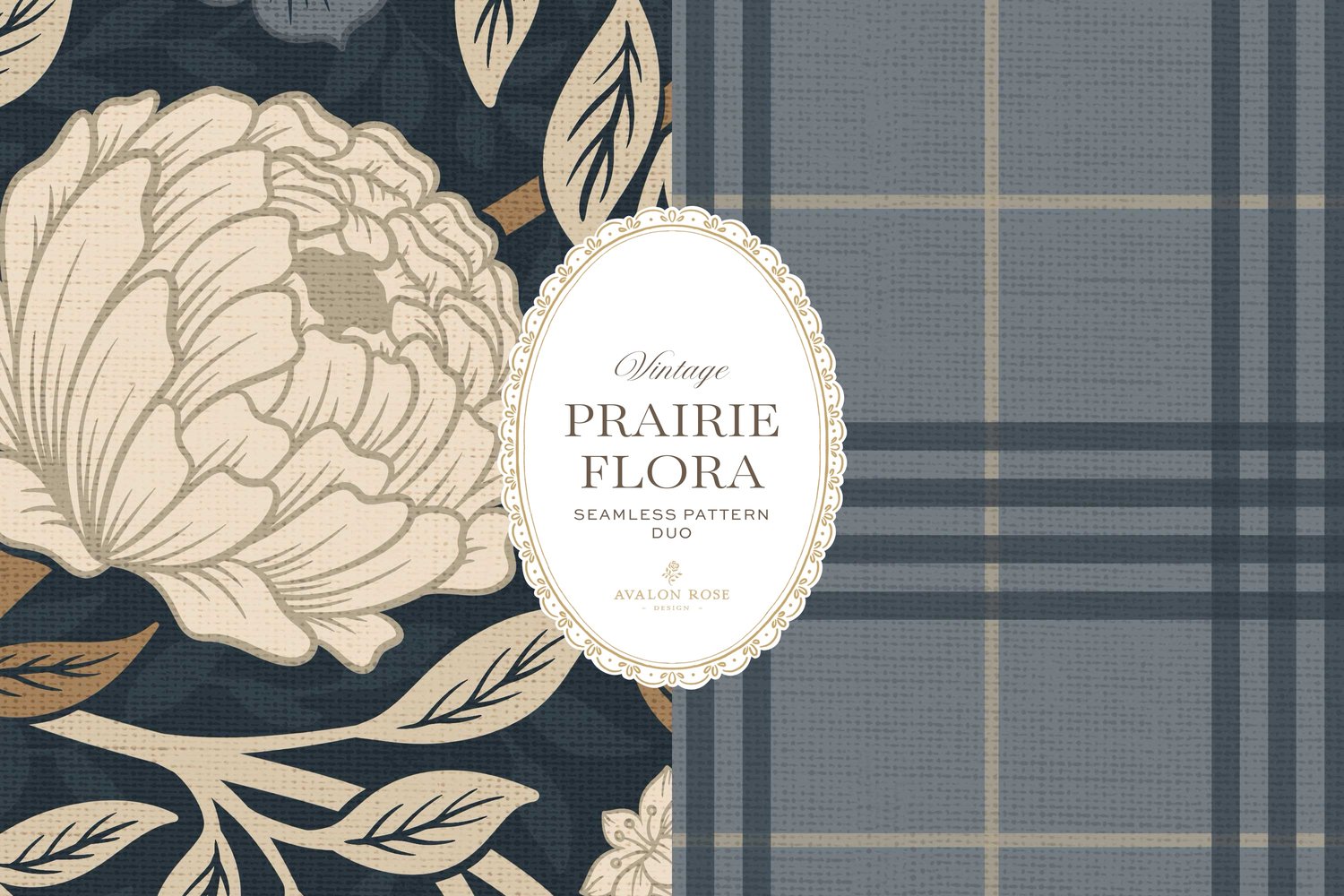seamless surface pattern duo showcases a hand-drawn vintage tapestry floral in creamy ivory, dusty blue, and warm brass tones on a field of rich navy