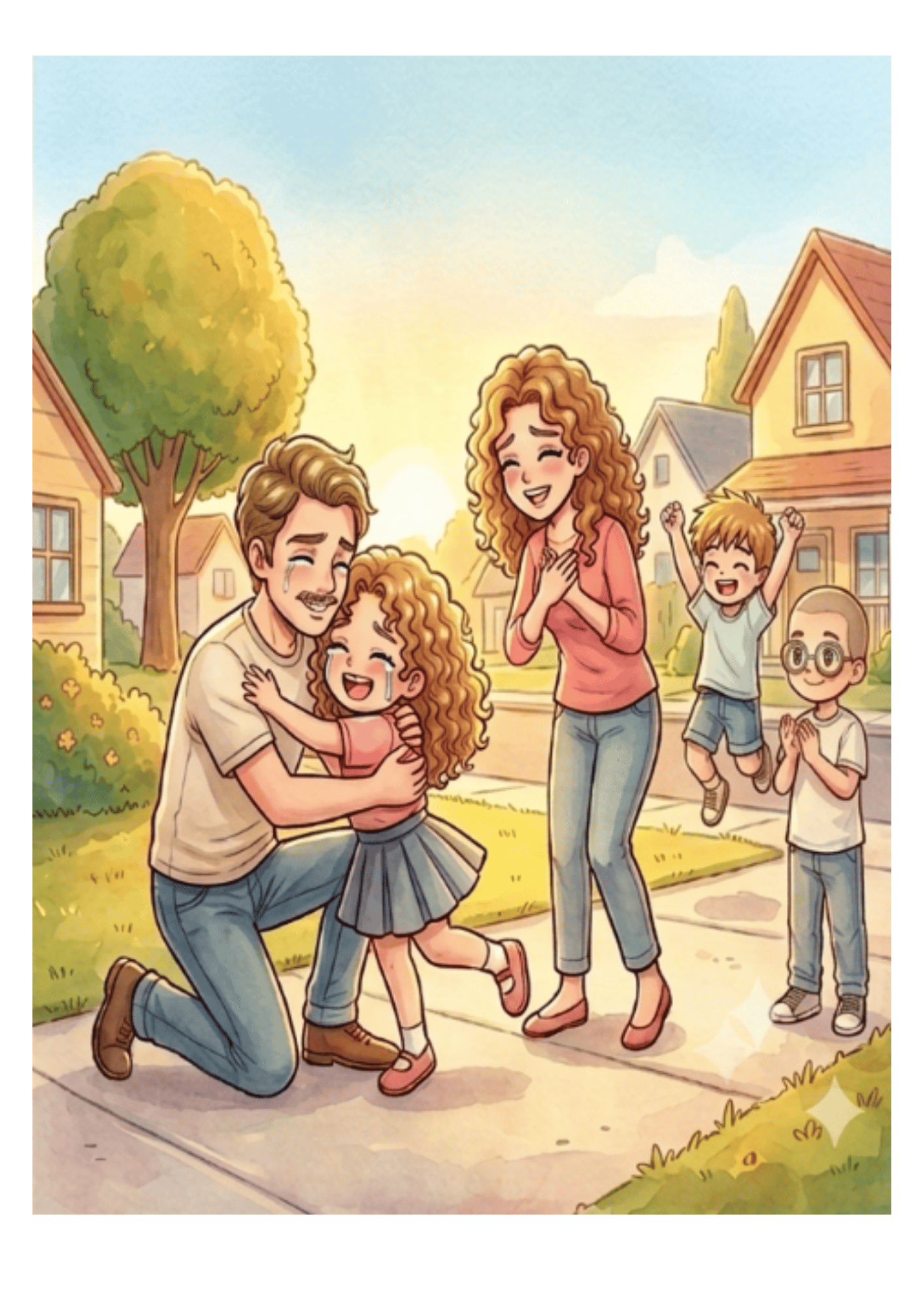 Padre abrazando con alegría a su hija en la calle, escena del libro cristiano para colorear La Gran Búsqueda sobre la parábola de la oveja perdida