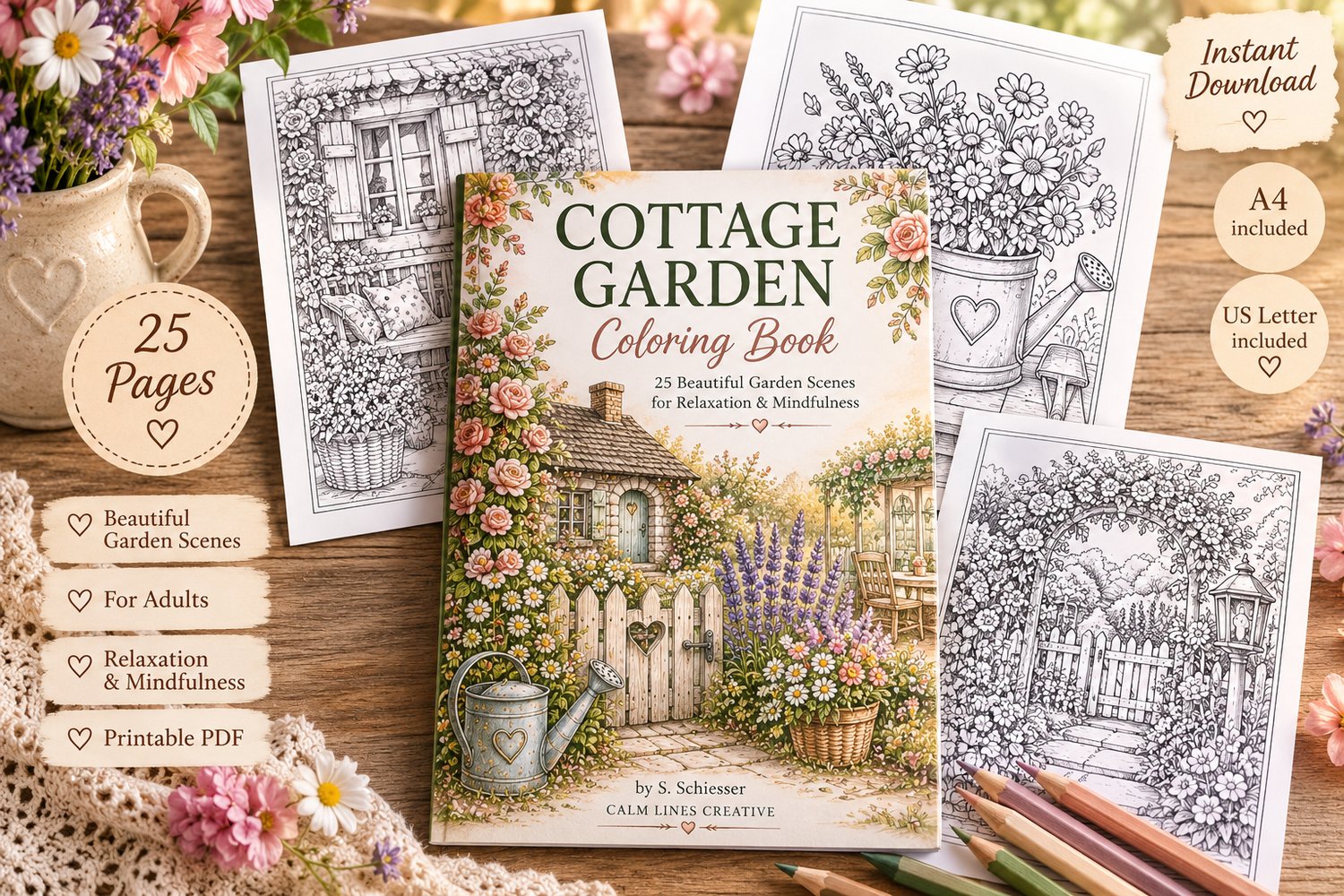 Cottage Garden printable coloring book mockup showing multiple pages and book cover