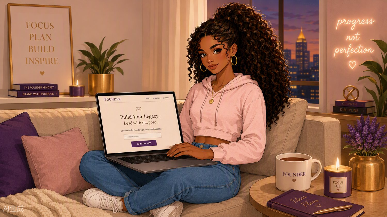 Woman working on her online business from home on a laptop with a cozy desk setup.
