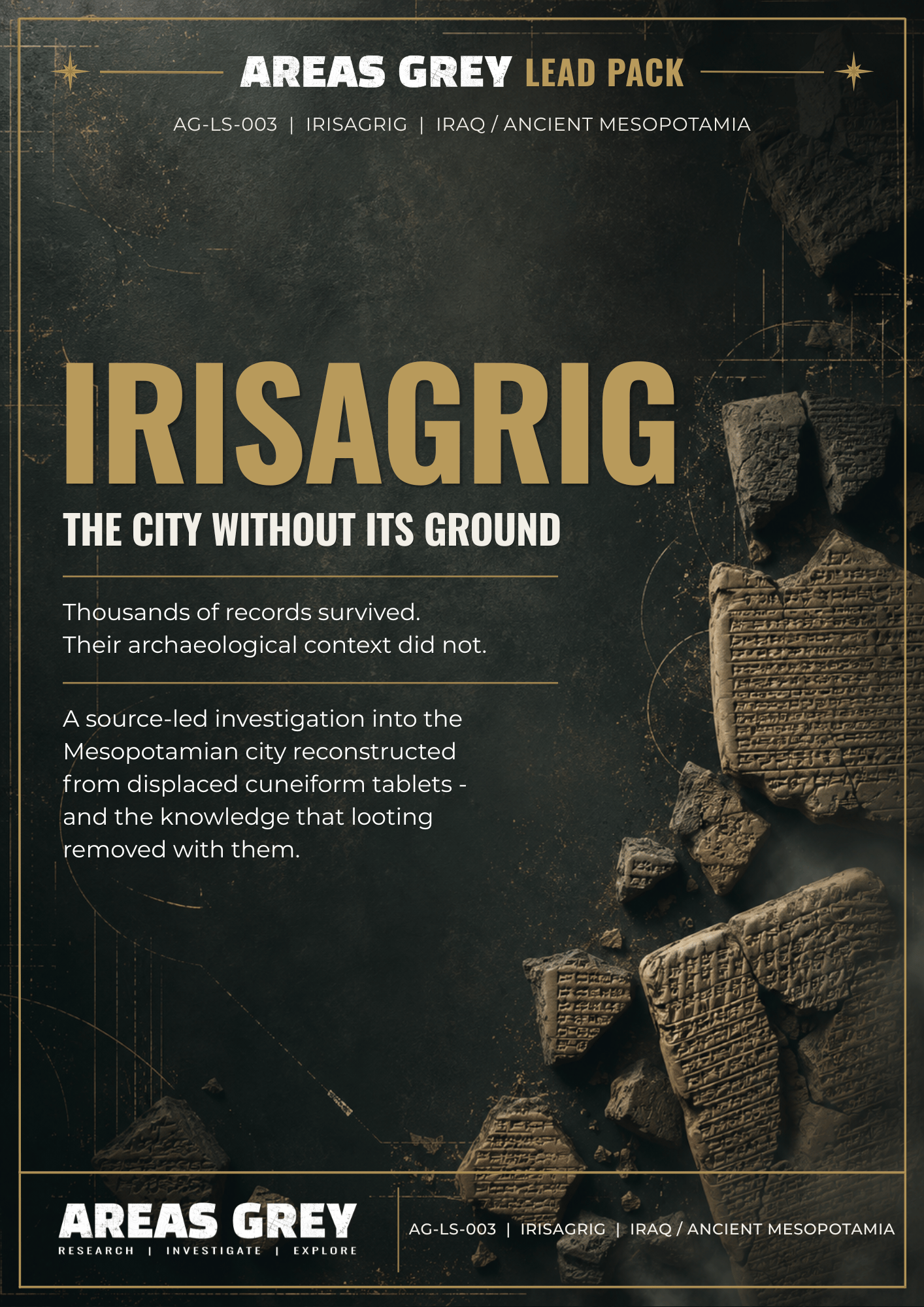 Cover of Irisagrig — The City Without Its Ground, an Areas Grey Lead Pack, featuring cuneiform tablets on a dark archival background.