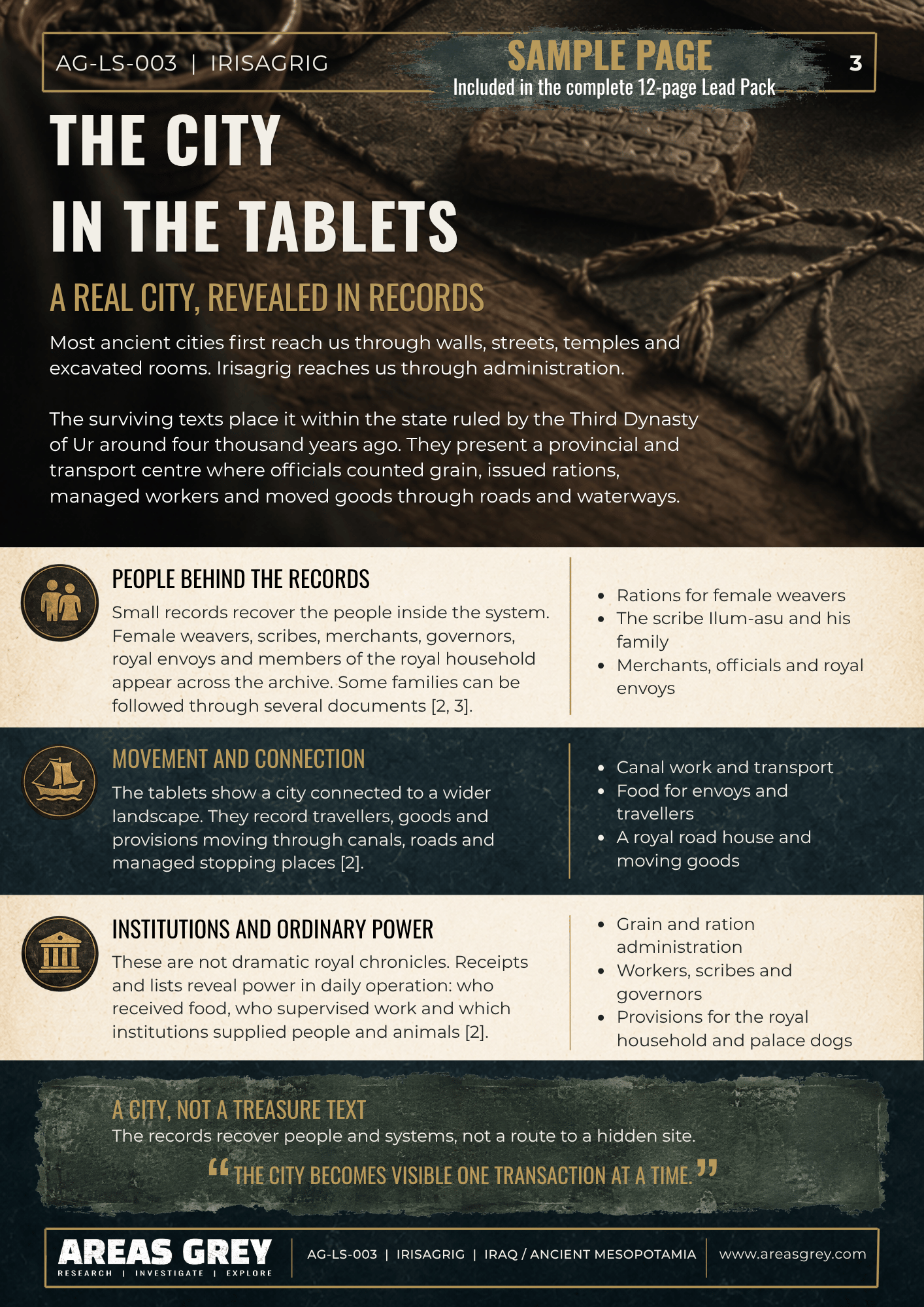 Sample page explaining what Irisagrig’s cuneiform records reveal about the city’s administration, economy and connections.