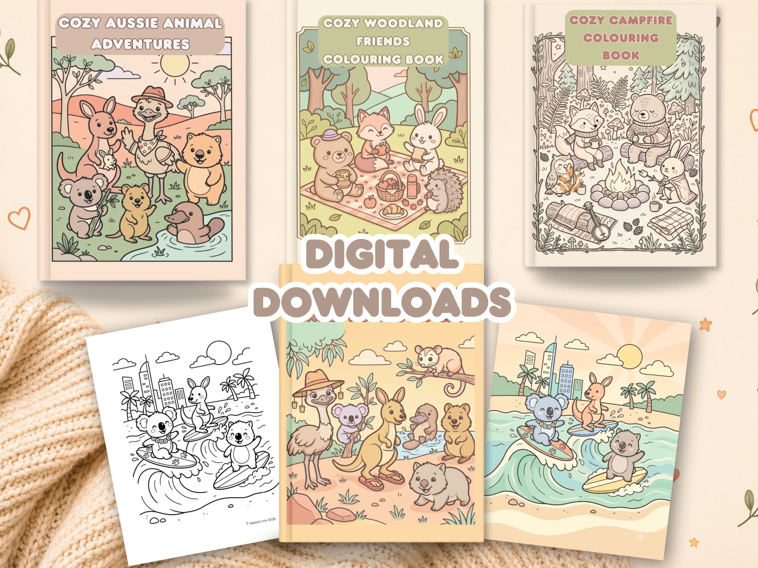 Printable Australian kawaii colouring book bundle featuring cute Aussie animals, woodland friends and campfire adventures with sample colouring pages. Digital download colouring books for kids in a cozy pastel style.