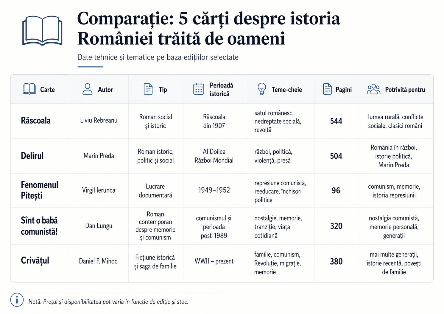 Comparație între cinci cărți despre istoria României: Răscoala de Liviu Rebreanu, Delirul de Marin Preda, Fenomenul Pitești de Virgil Ierunca, Sînt o babă comunistă! de Dan Lungu și Crivățul de Daniel F. Mihoc. Tabelul compară tipul cărții, perioada istorică, temele, numărul de pagini, editura și publicul recomandat.