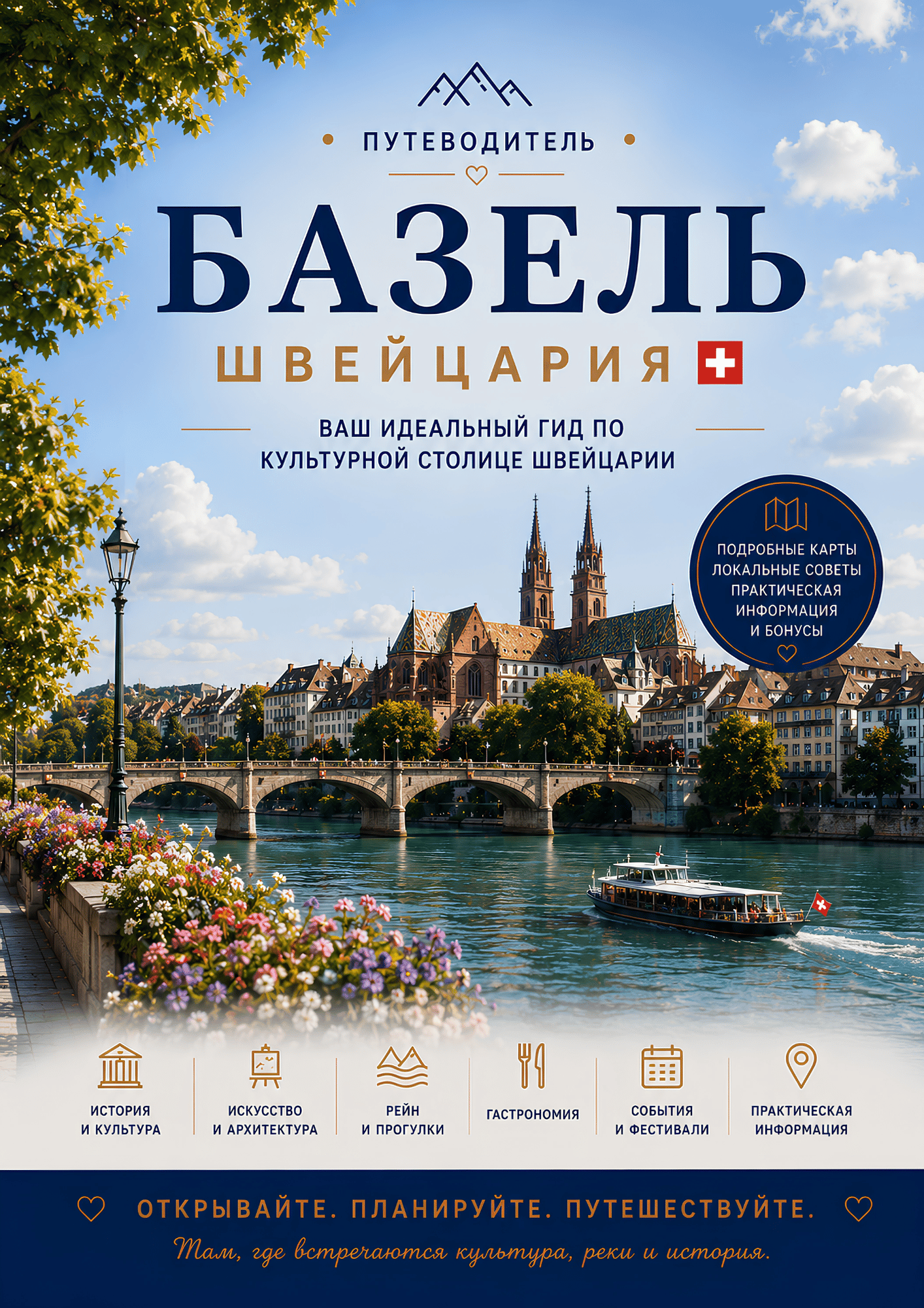 Обложка PDF-путеводителя по Базелю с историческим центром, Рейном и главными достопримечательностями