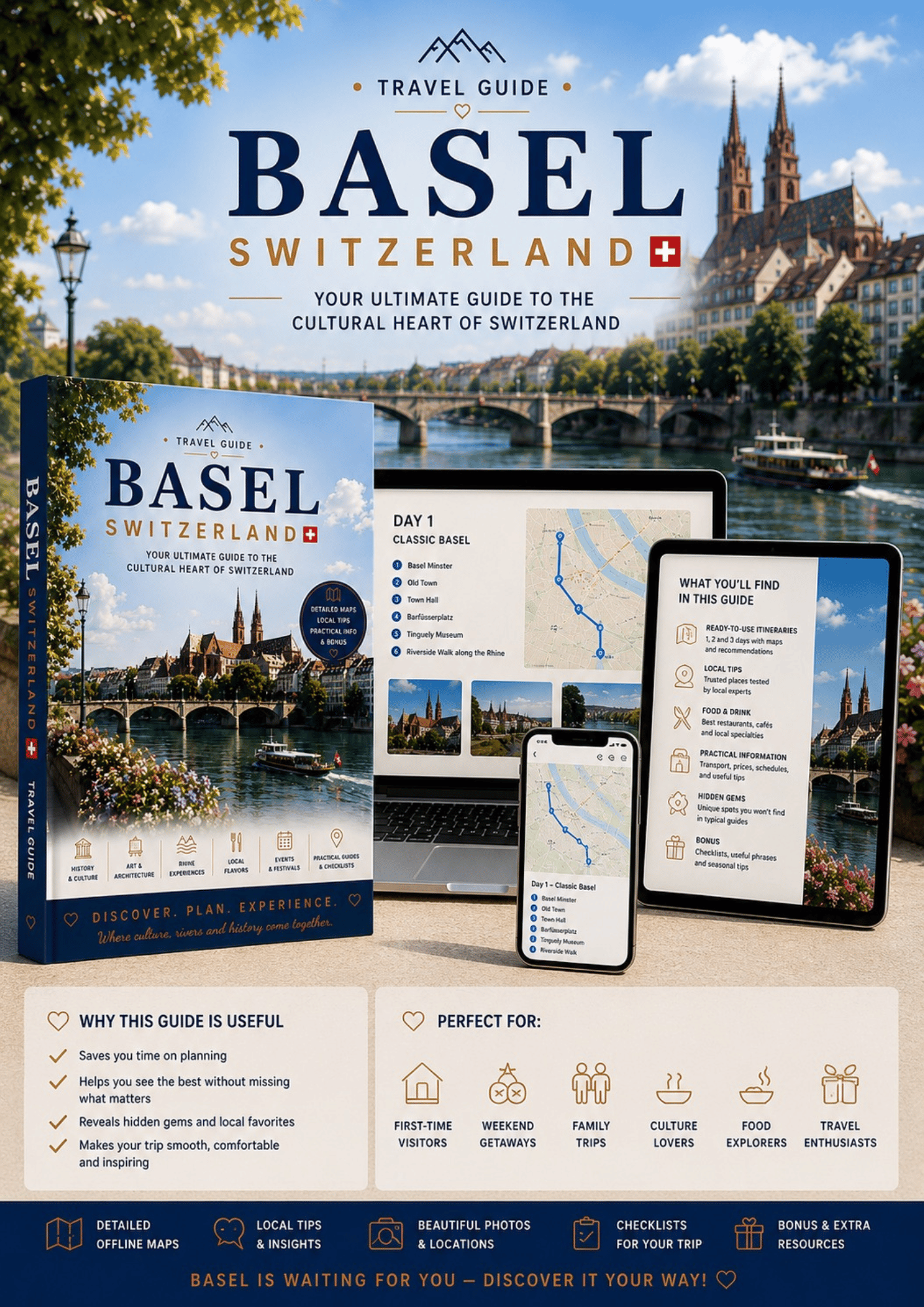 Basel travel guide bundle showing PDF guide on laptop, tablet, smartphone and printed book