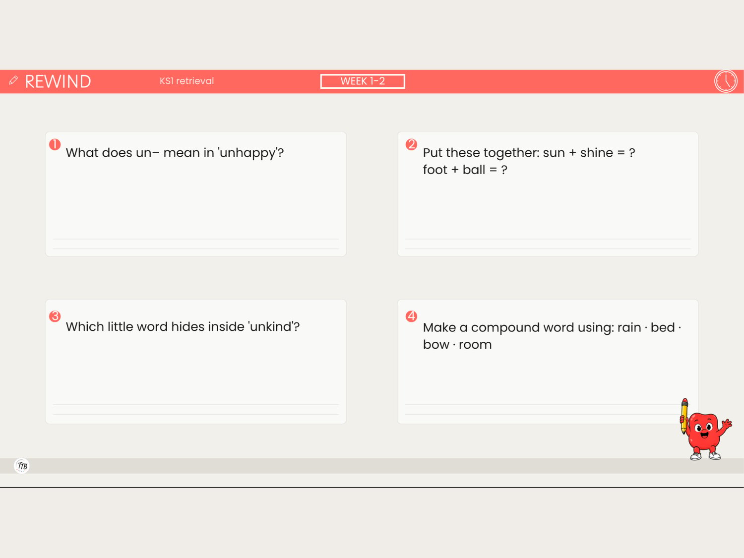 WordBits Rewind retrieval slide, un- prefix and compound word questions, Year 3 morphology unit
