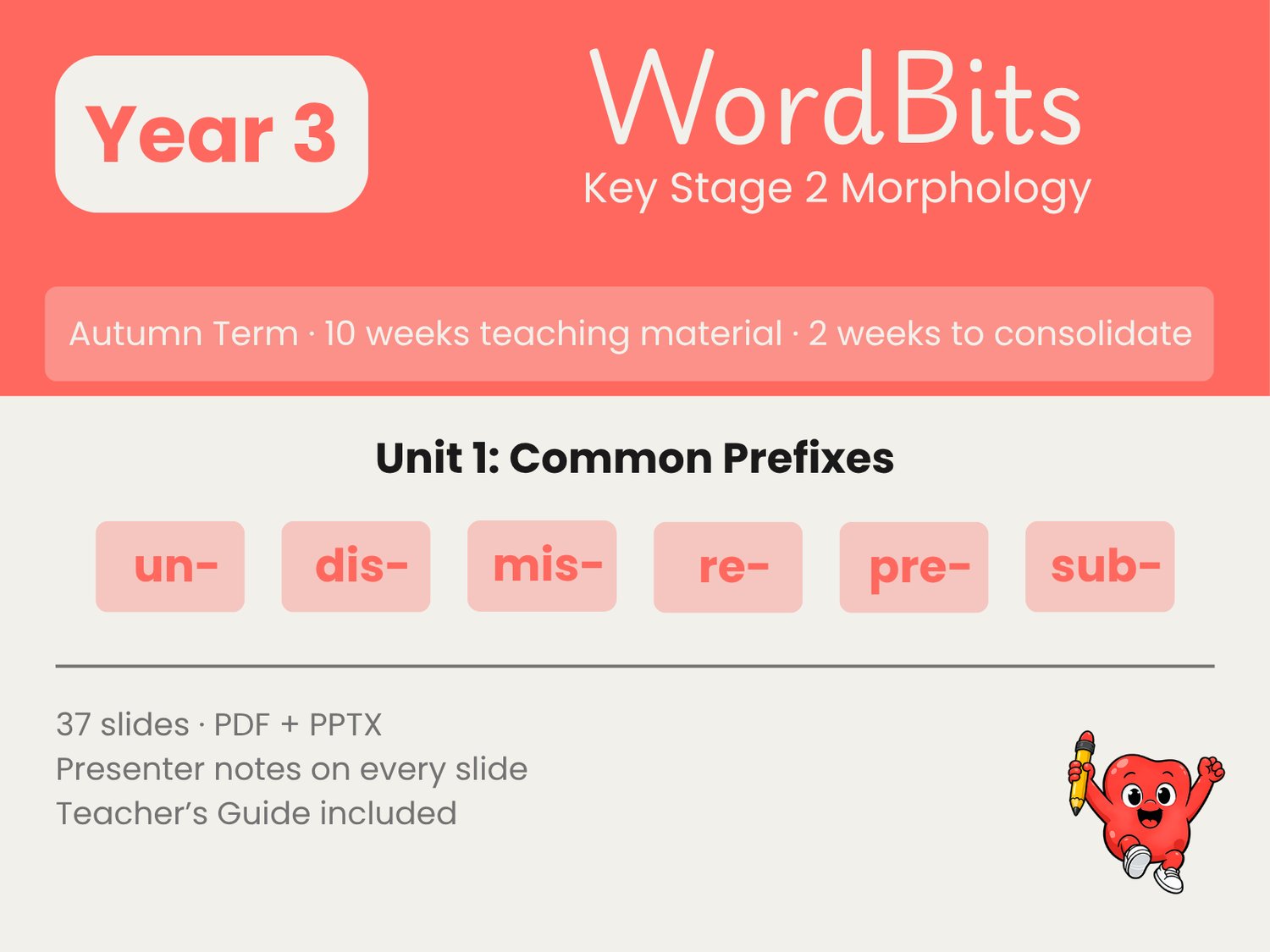 WordBits Year 3 Autumn morphology unit, Common Prefixes, full unit cover, un- dis- mis- re- pre- sub-
