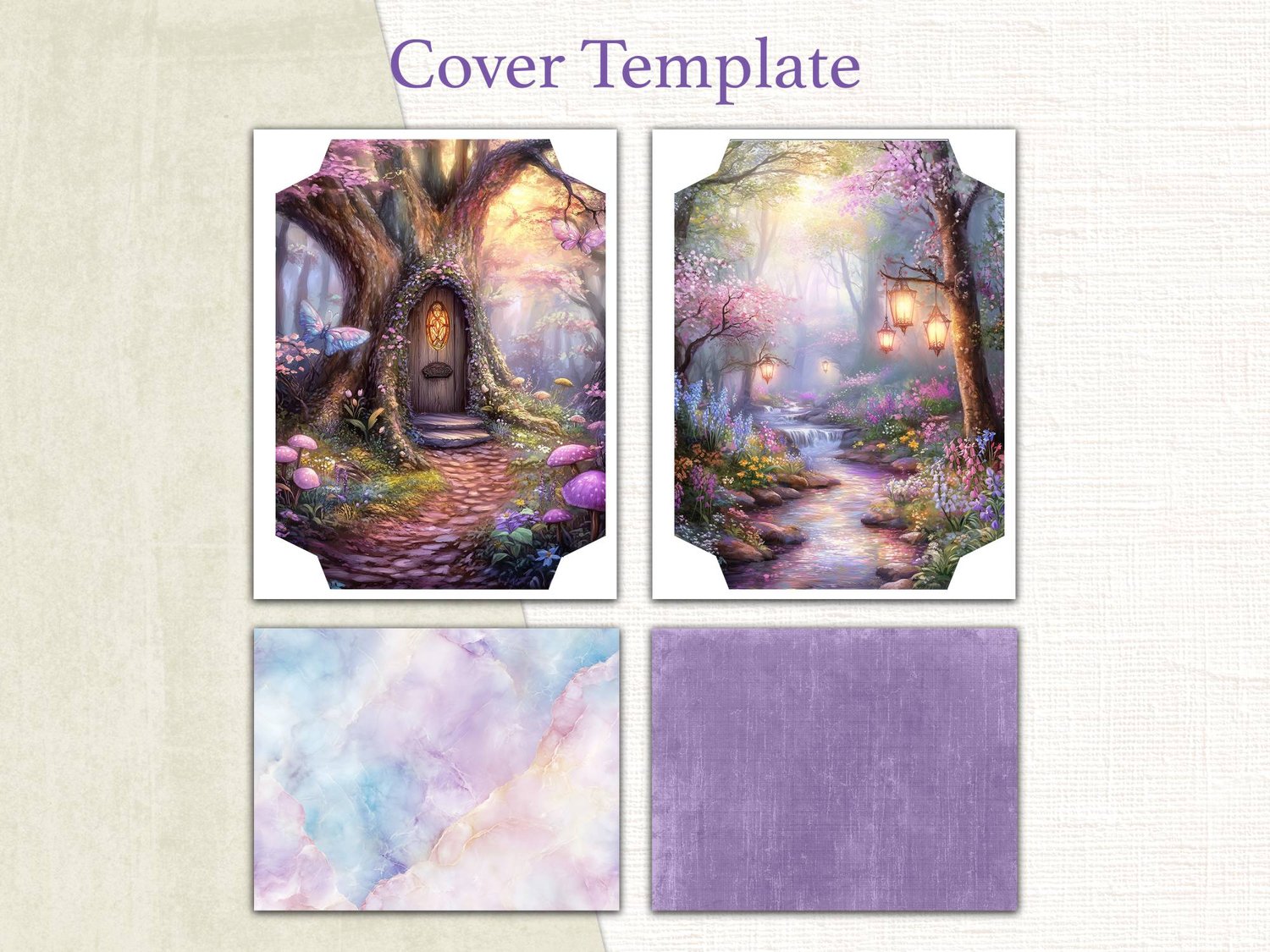 Printable journal cover template and spine designs featuring an enchanted treehouse door, glowing river, and purple textures.