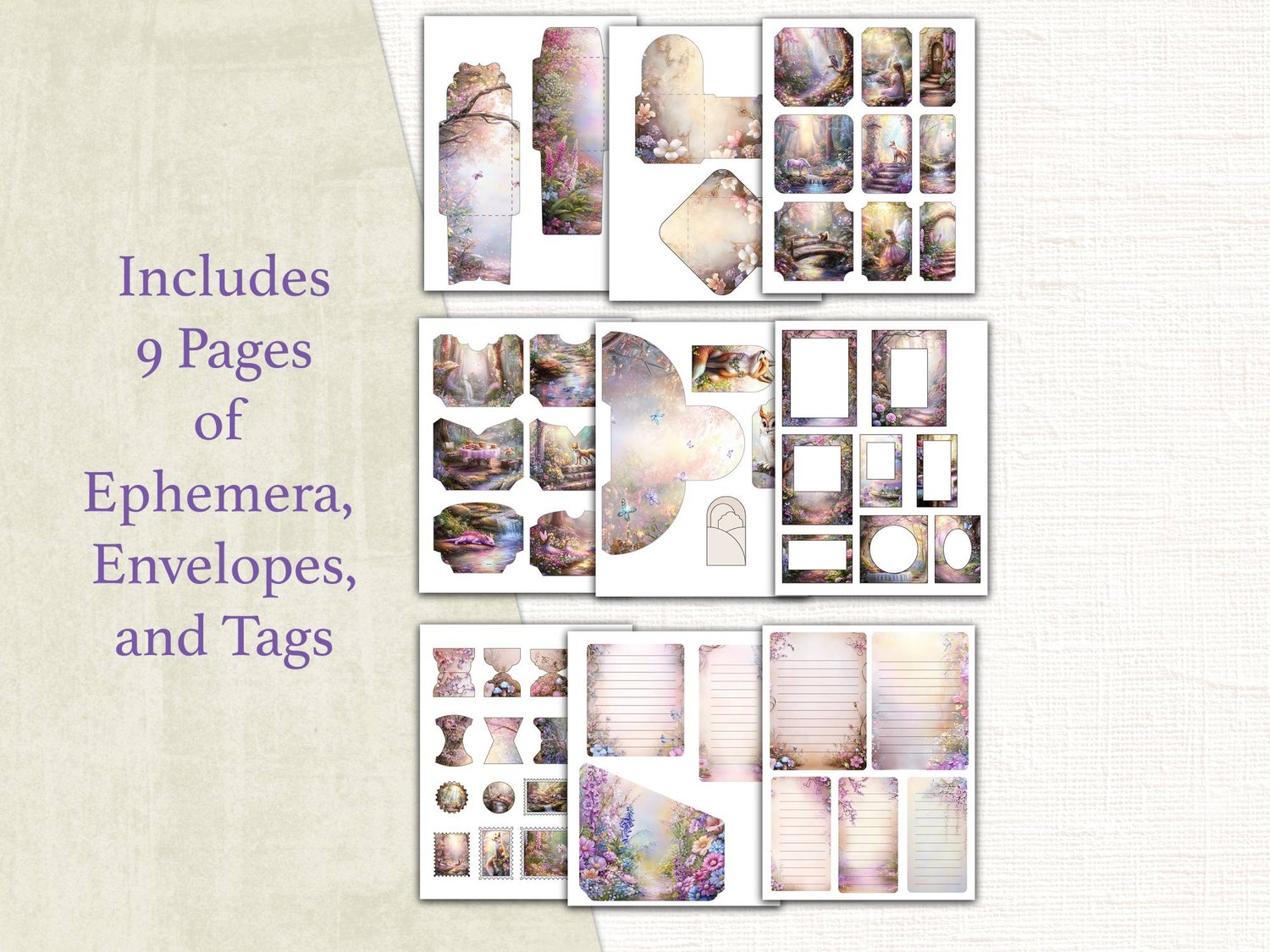Preview showing 9 printable pages of magical forest ephemera, envelopes, pockets, journaling lines, and tags.