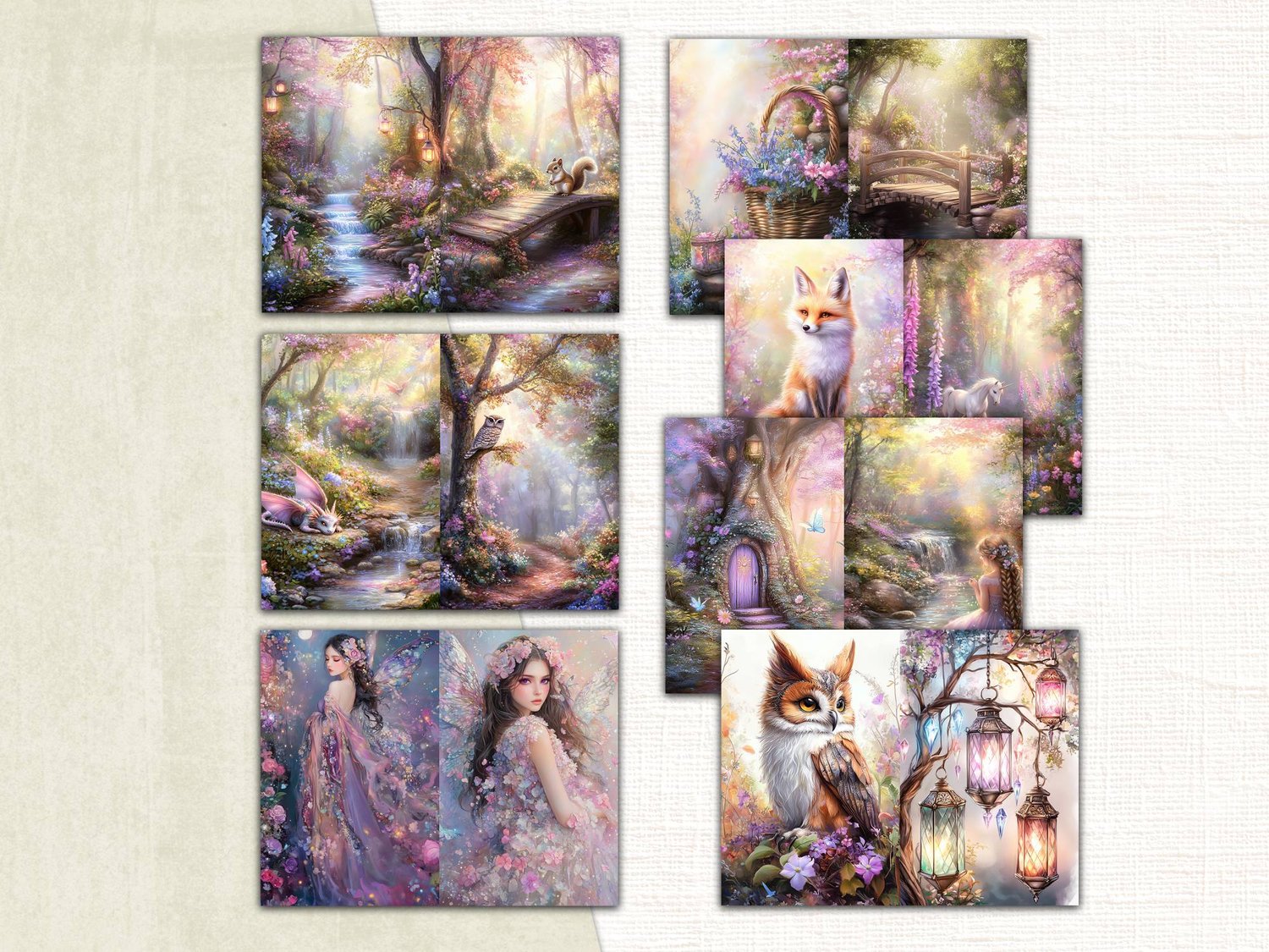 Printable journal spreads showing glowing enchanted forest landscapes, fairy maidens, owls, and twilight lanterns.