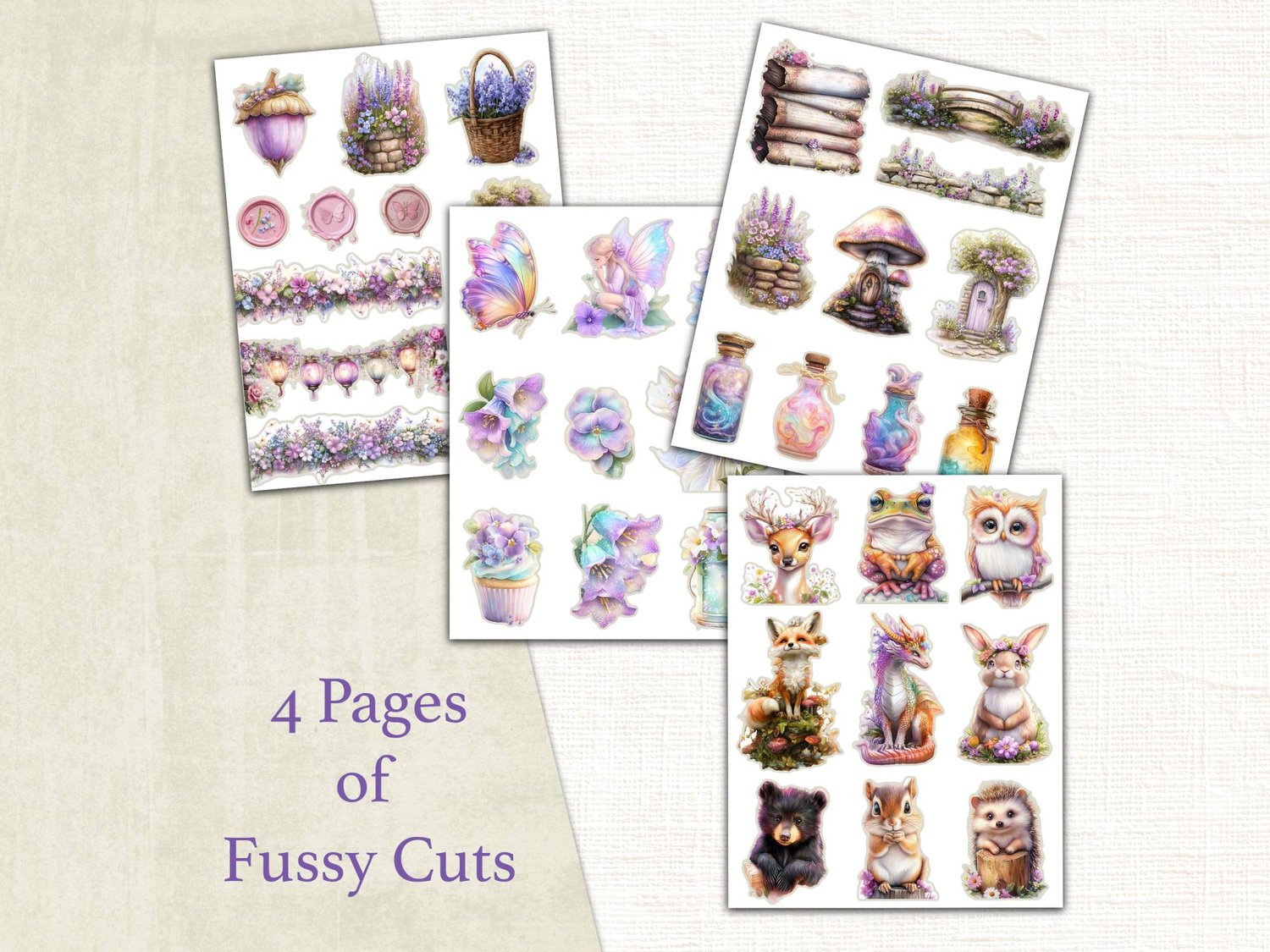 Four printable pages of enchanted forest fussy cuts featuring woodland animals, glowing mushrooms, crystals, and potion bottles.