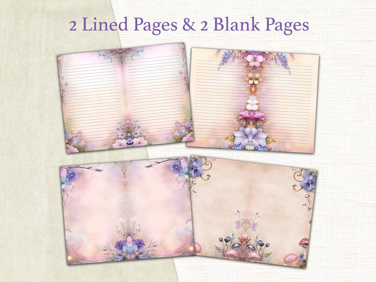 Two decorative purple-lined writing pages and two soft pastel blank background pages framed with forest flowers.