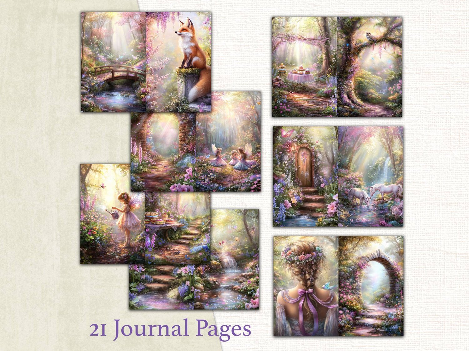 Preview of printable junk journal pages displaying magical woodland paths, stone bridges, cozy treehouses, and red foxes.