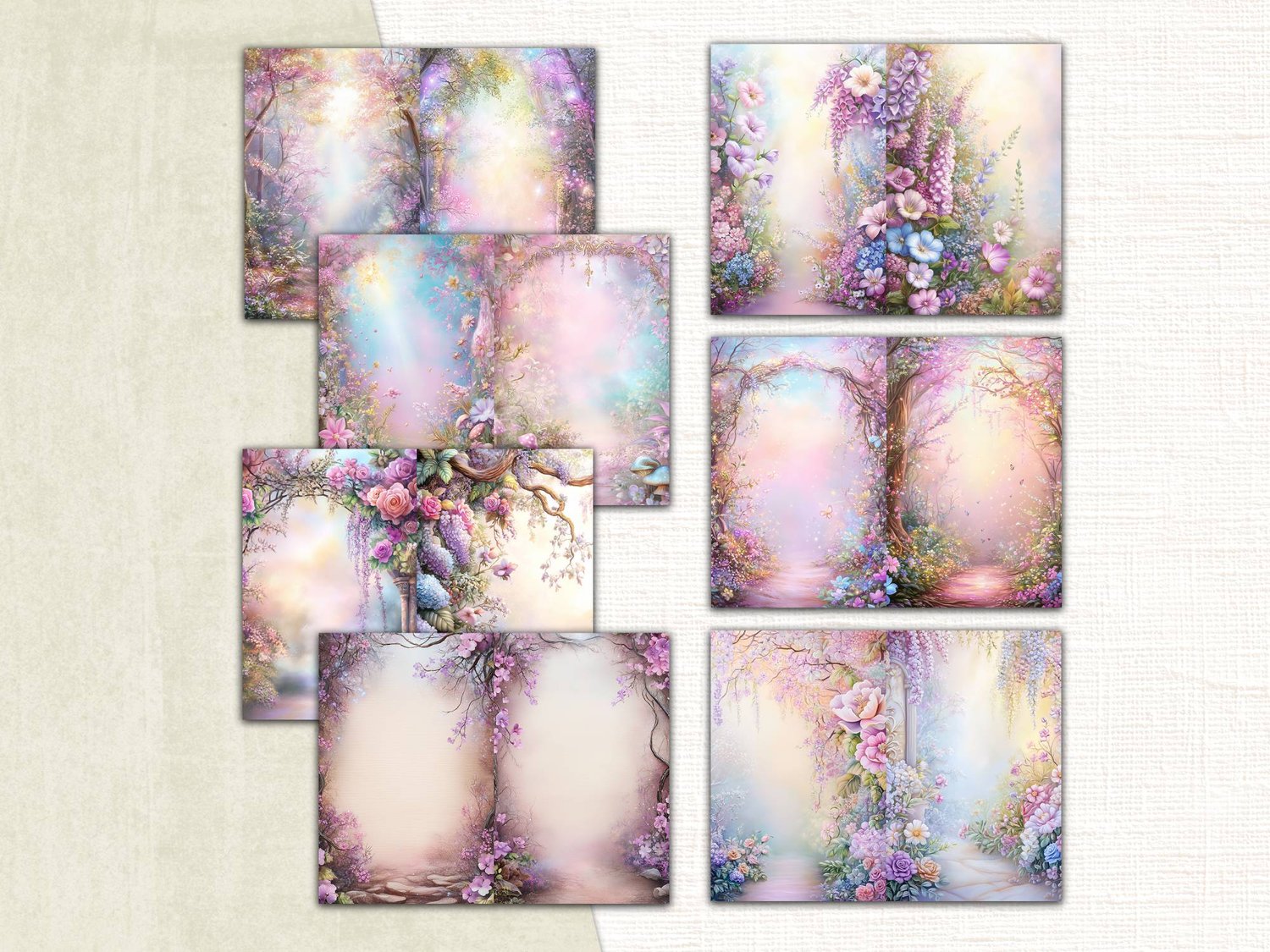 Six soft purple and pastel background pages decorated with delicate woodland flowers and dreamy forest light.