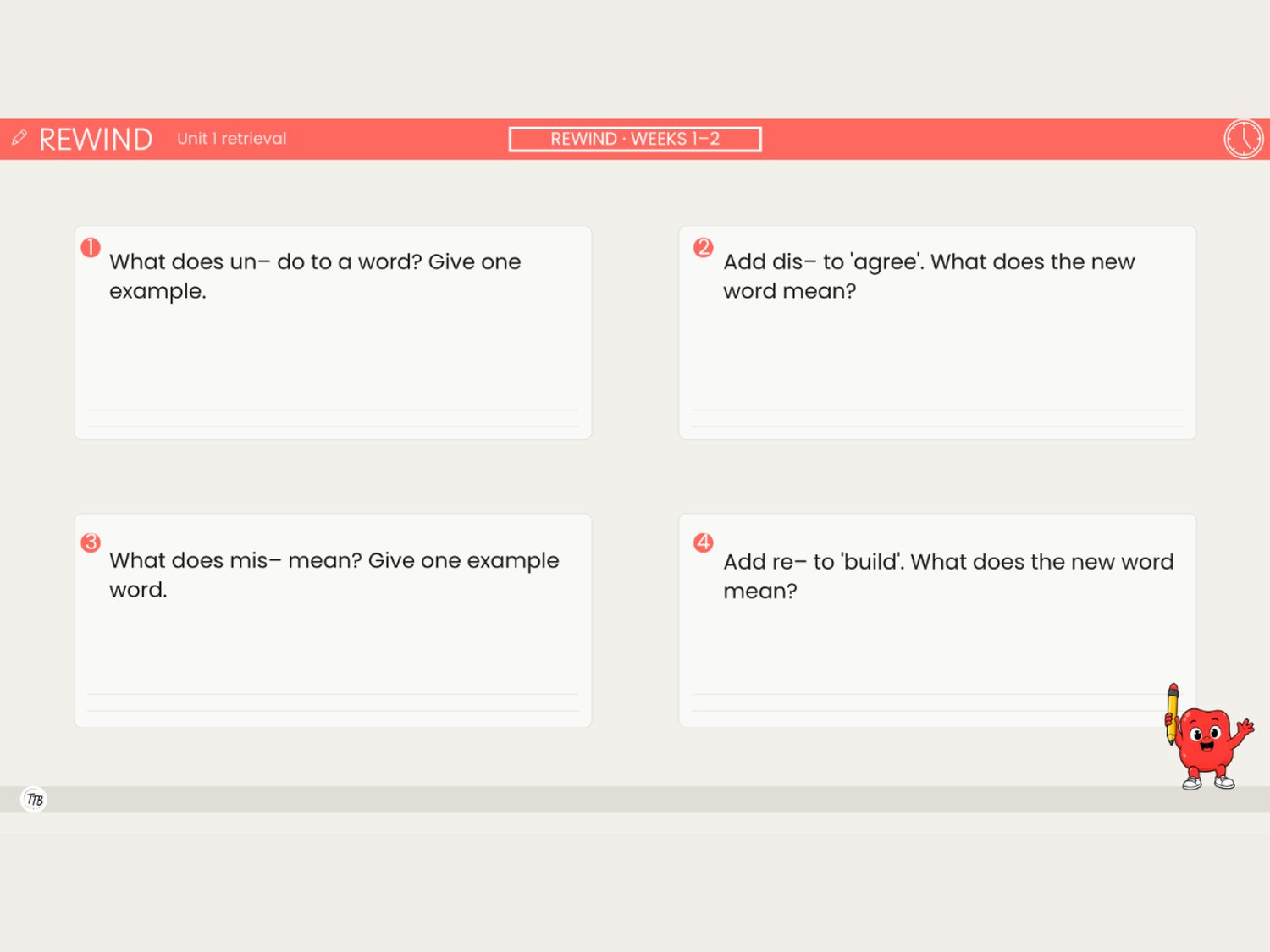 WordBits Rewind retrieval slide, anti- prefix questions, Year 4 morphology unit