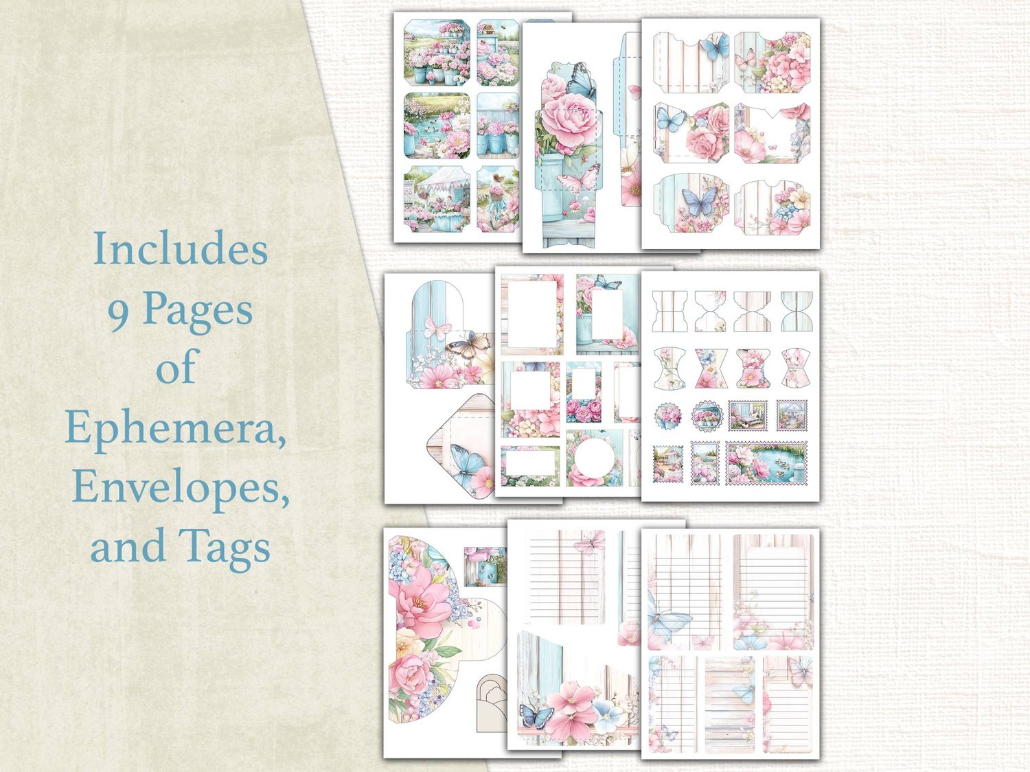 Preview showing 9 printable pages of flower farm ephemera, envelopes, pockets, journaling lines, and tags.