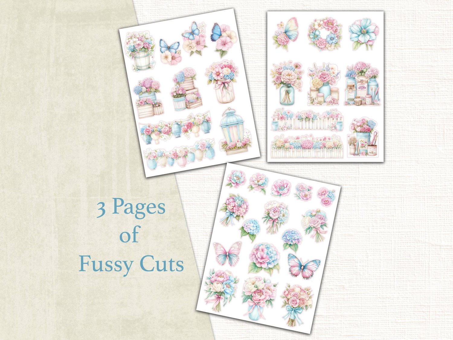 Three printable pages of flower farm fussy cuts featuring floral mason jars, watering cans, wheelbarrows, and pastel butterflies.