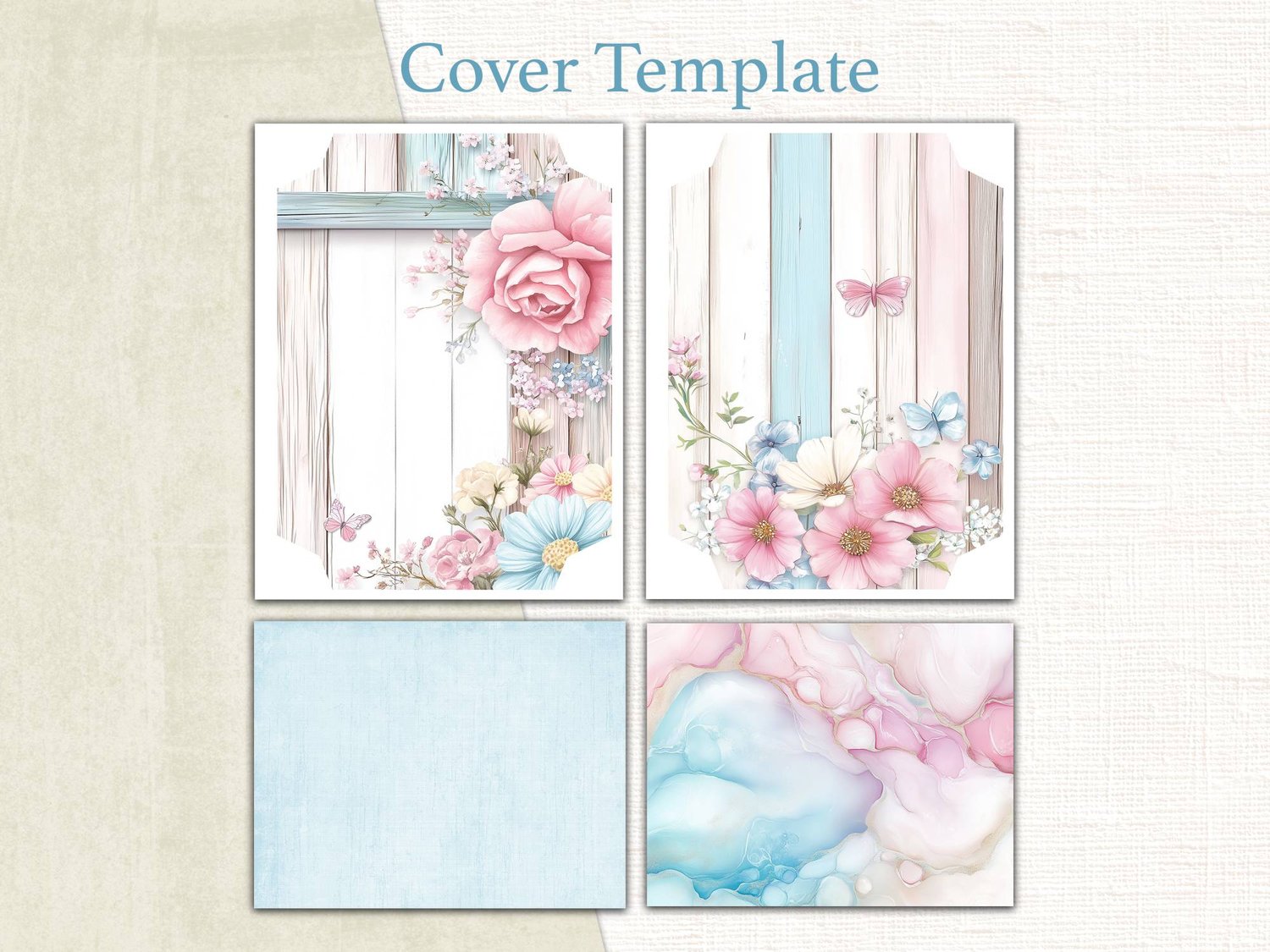 Printable journal cover template and spine wraps featuring whitewashed wood panels, pink roses, and pastel watercolor textures.