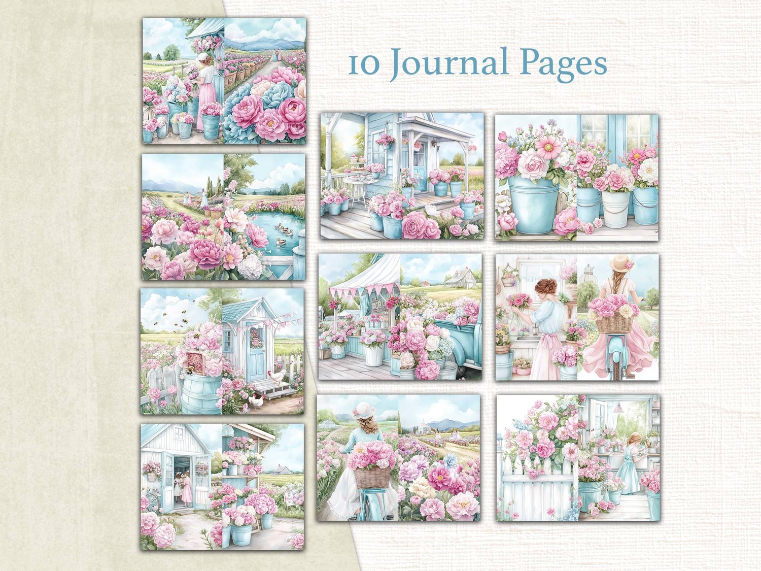 Grid preview of 10 printable journal pages displaying rustic flower market stalls, pastel farmhouses, and garden pathways.