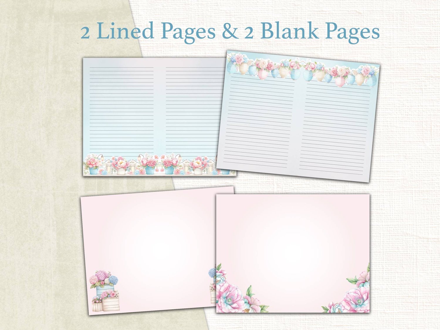 Two decorative blue-lined writing pages and two soft pastel blank background pages framed with flower farm graphics.