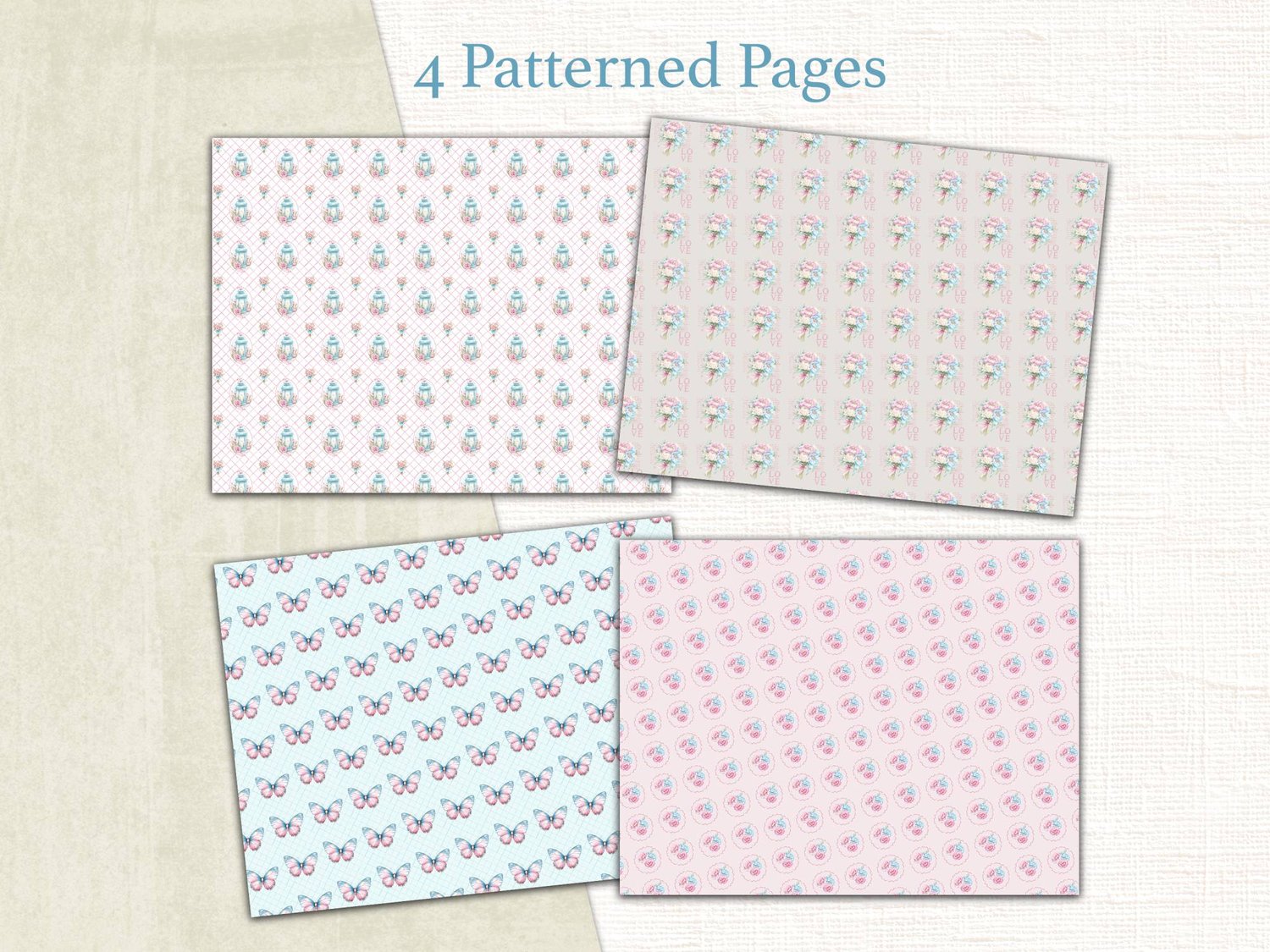 Four repeating pattern pages featuring delicate pastel butterflies, small floral sprigs, and soft pink and blue geometric designs.