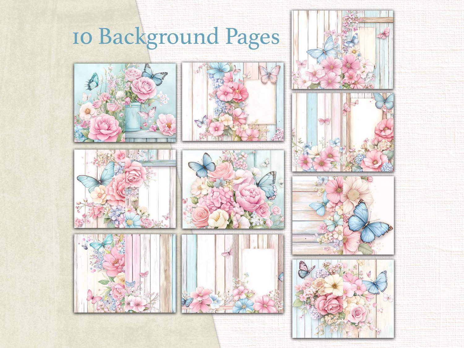 Preview of 10 floral background pages decorated with soft pink roses, blue butterflies, and weathered wood textures.