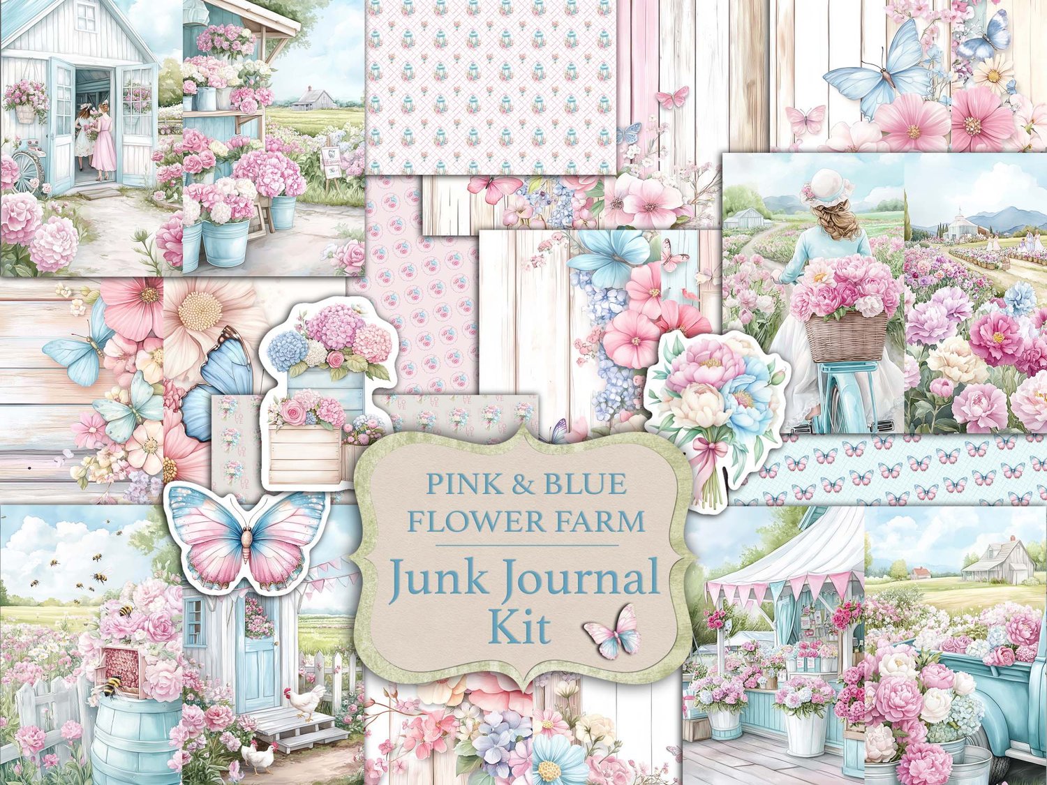 Main cover preview for the "Pink & Blue Flower Farm Junk Journal Kit" featuring pastel flower stalls, rustic sheds, and butterflies.
