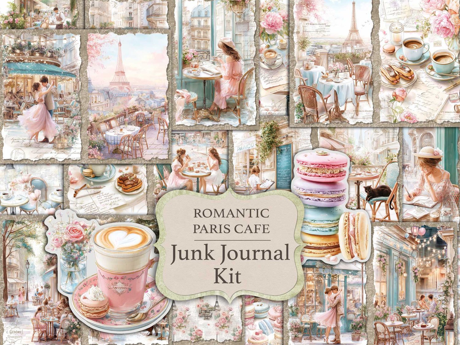 Main cover preview for the "Romantic Paris Cafe Junk Journal Kit" featuring Eiffel Tower balcony views, French pastries, macarons, and latte art.