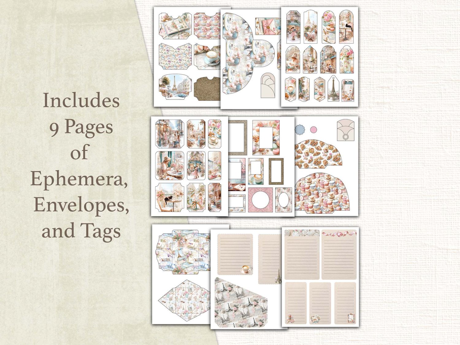 Preview showing 9 printable pages of Paris cafe ephemera, envelopes, pockets, journaling lines, and tags.
