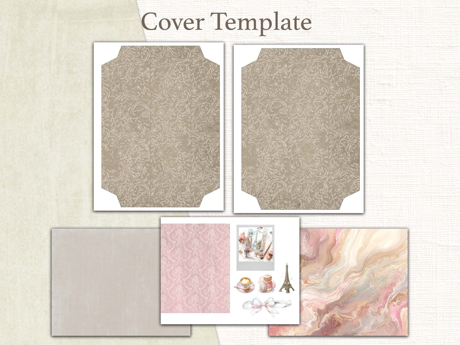 Printable journal cover template and spine designs featuring neutral linen textures, soft pink damask, and vintage Paris collage accents.