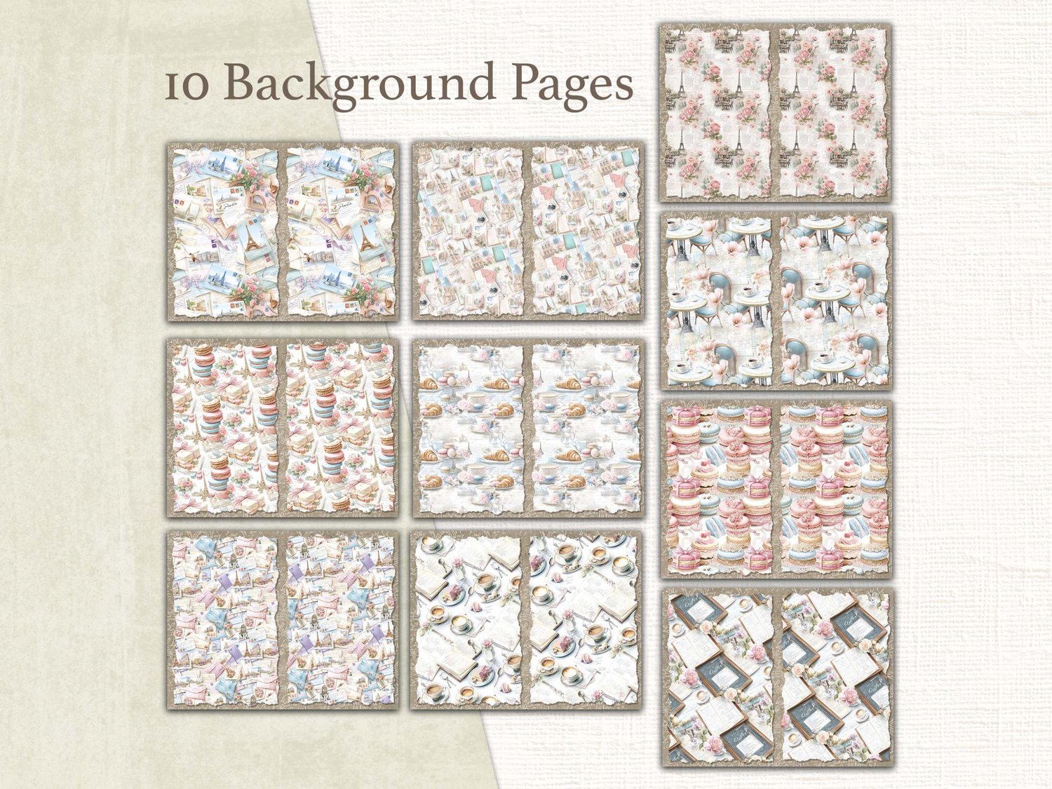 Preview of 10 background pages decorated with soft pink watercolor textures, delicate florals, and subtle French cafe elements.