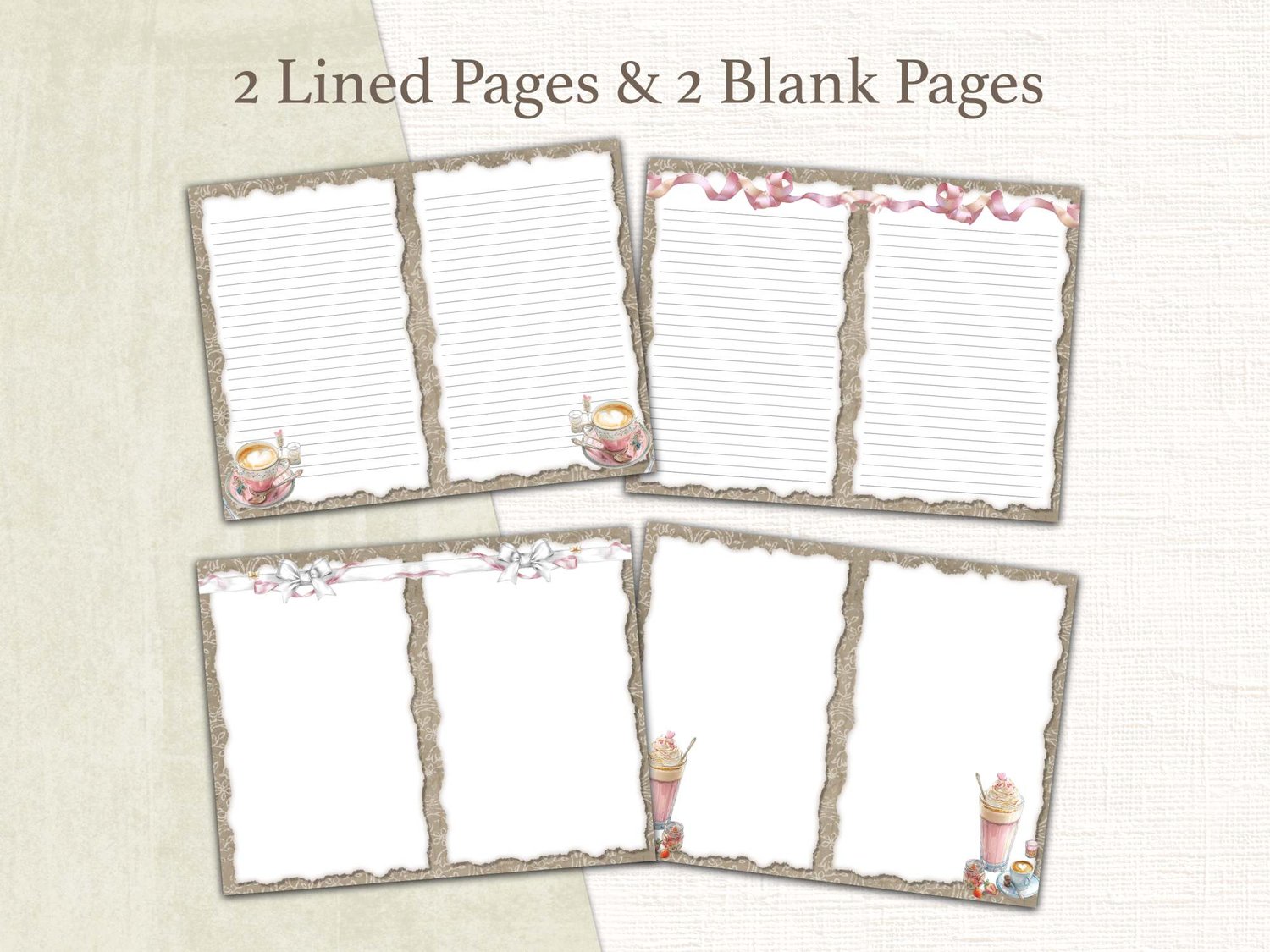 Two decorative lined writing pages and two soft blank background pages with torn-paper borders and French cafe illustrations.