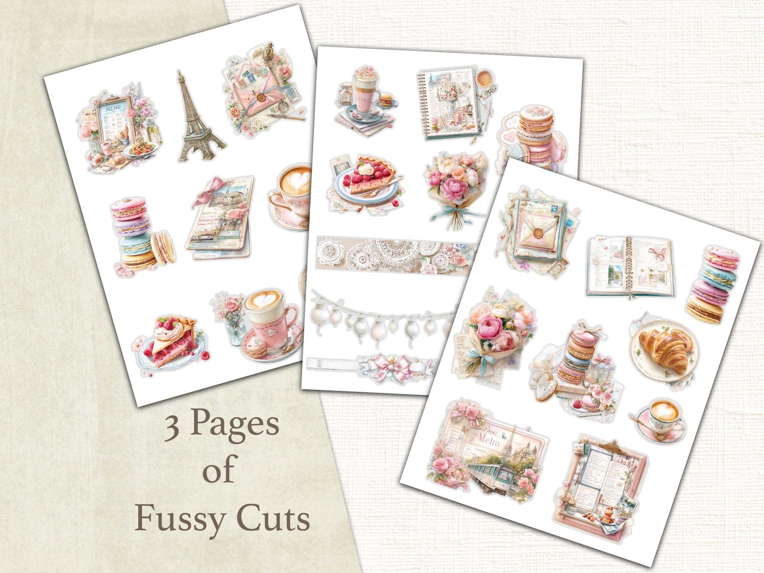 Three printable pages of Paris fussy cuts featuring the Eiffel Tower, French macarons, croissants, espresso cups, and pastel bouquets.