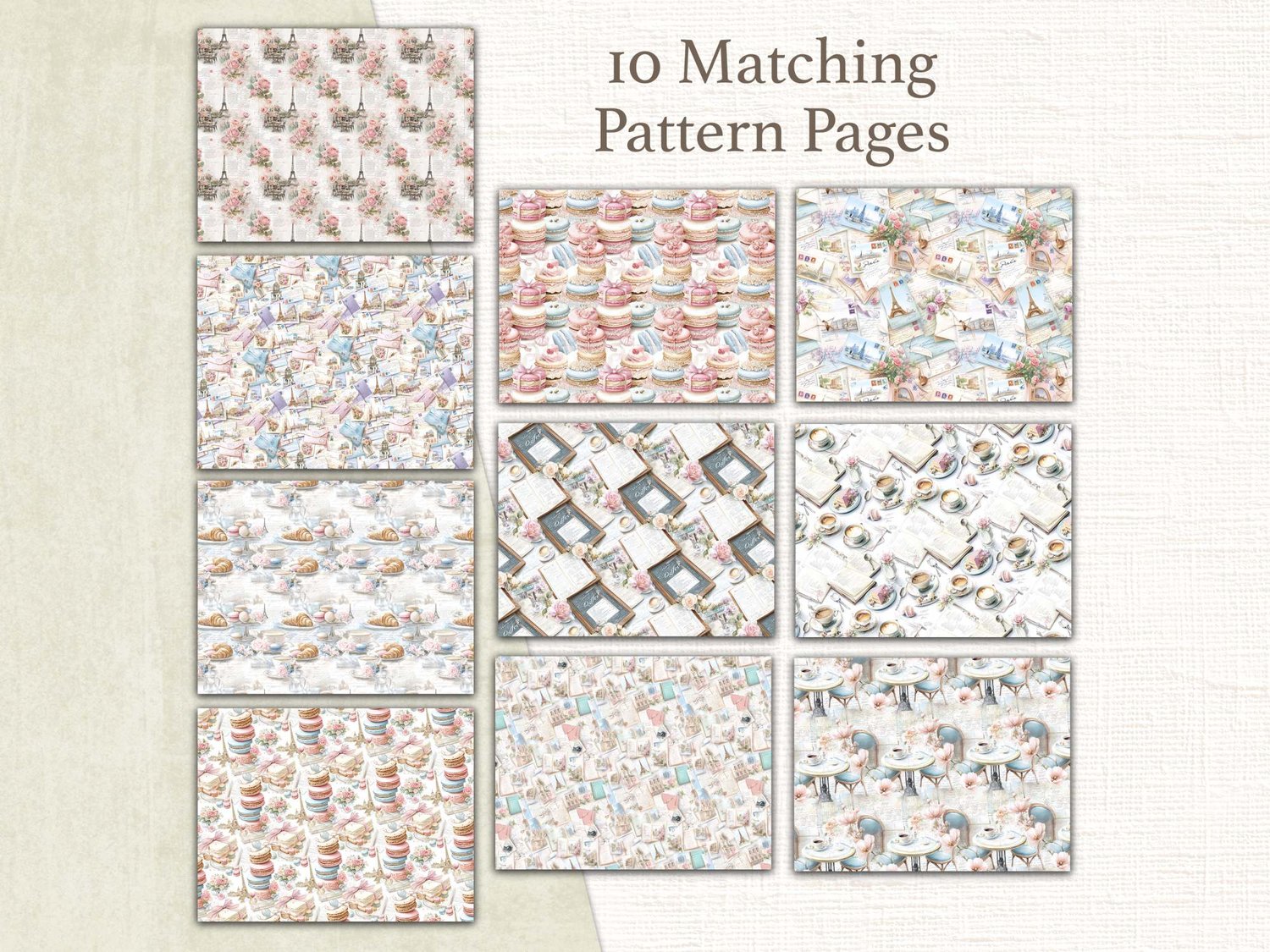 Grid preview of 10 matching pattern pages featuring repeating designs of macarons, coffee cups, and vintage Parisian wallpaper.