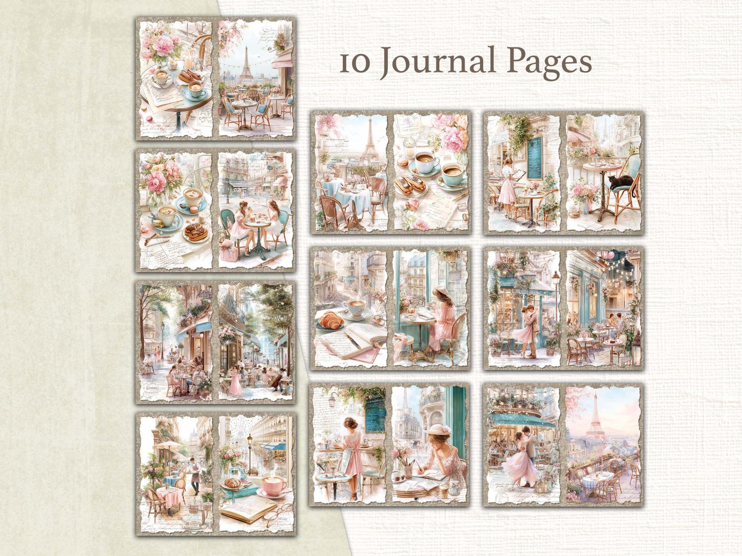 Grid preview of 10 printable journal pages featuring Parisian outdoor cafes, street views, flower shops, and balcony dining.