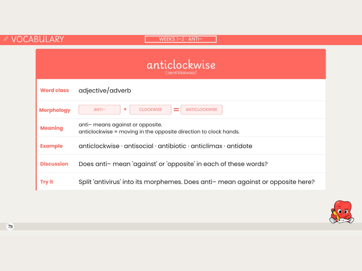 WordBits anti- prefix vocabulary slide, morphology chips and meaning, Year 4 morphology unit