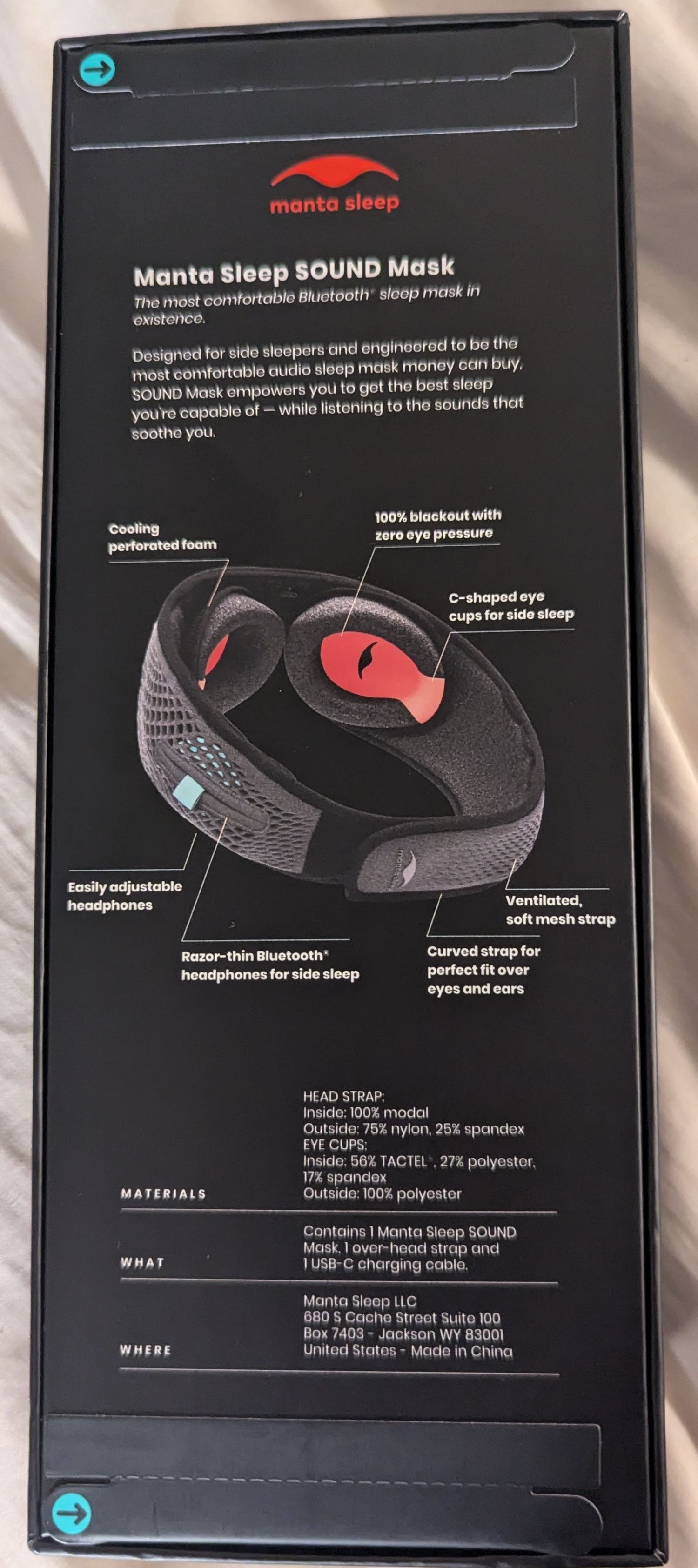 Back of Manta Sleep SOUND mask box, explaining functionality of the mask
