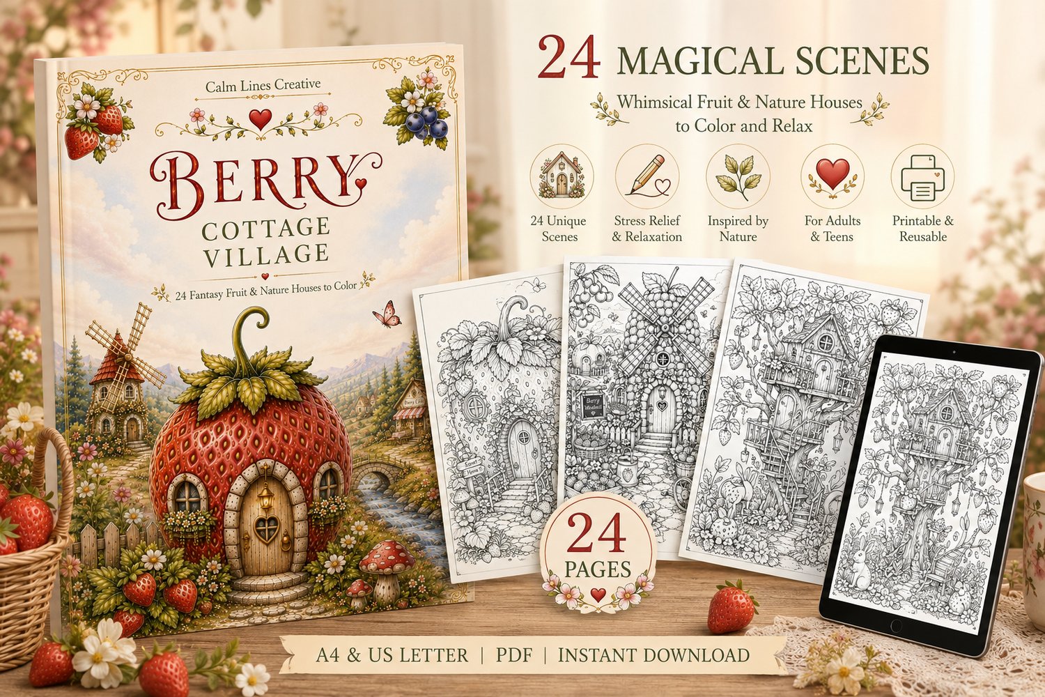 Berry Cottage Village printable coloring book mockup featuring 24 fantasy fruit & nature house coloring pages for adults in A4 and US Letter PDF format.