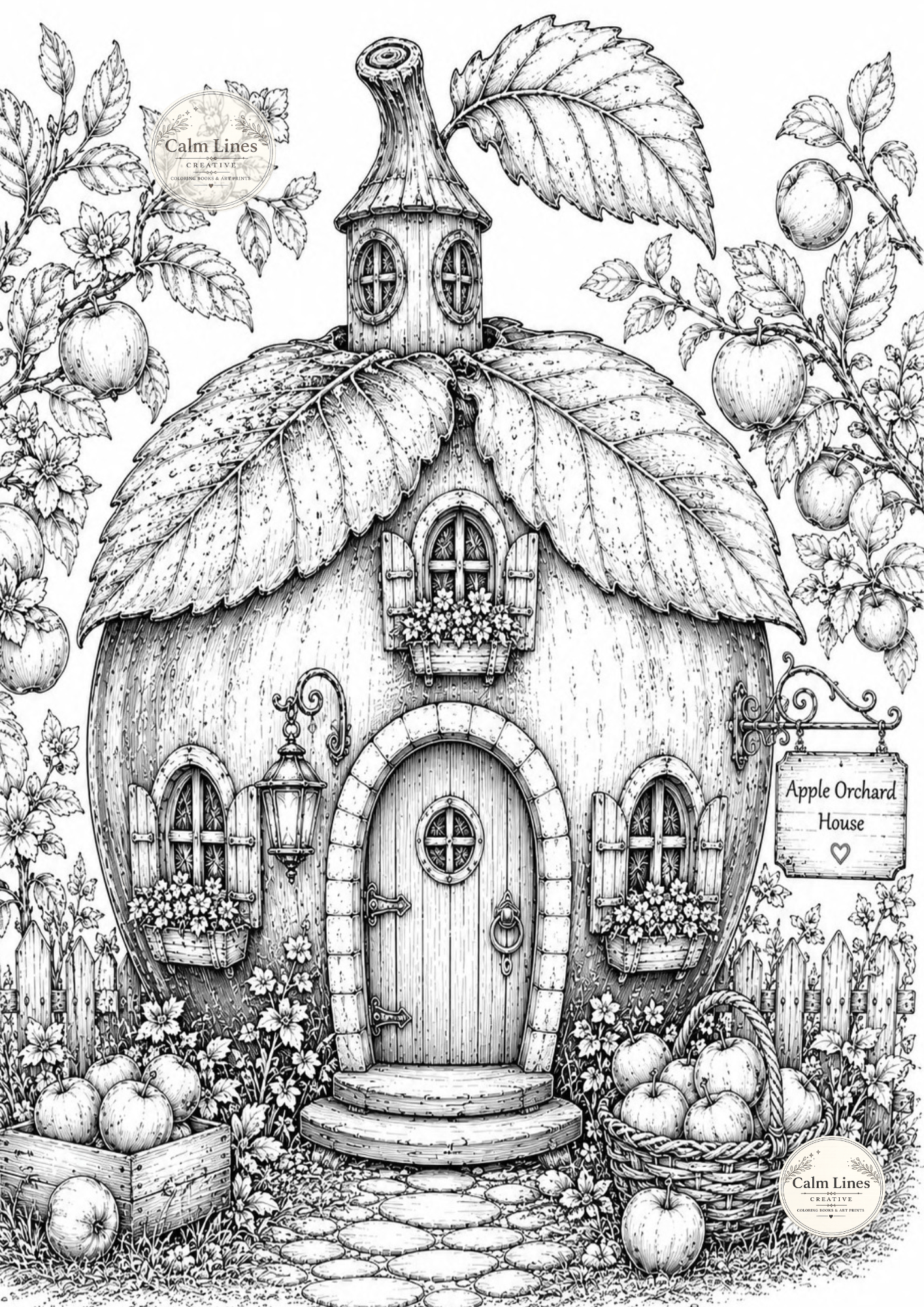 Apple orchard fantasy cottage coloring page with whimsical fruit house, printable black and white line art for adult coloring book.