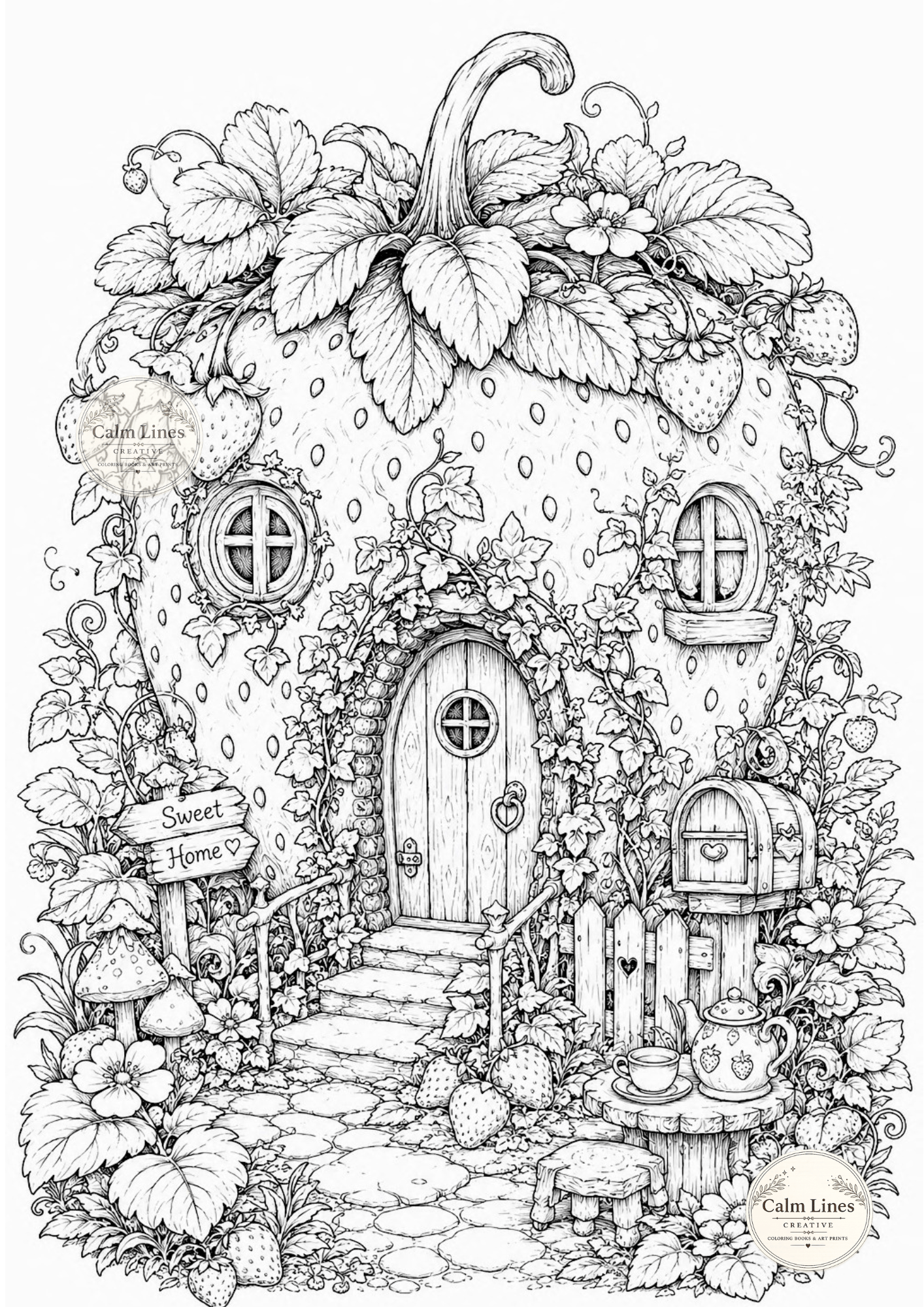 Magical strawberry cottage coloring page featuring a whimsical fruit house with flowers, vines and cottagecore fantasy line art.