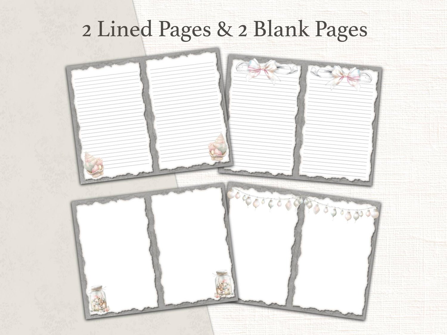 Two decorative lined writing pages and two soft blank background pages with torn-paper borders, seashells, and pink ribbon accents.