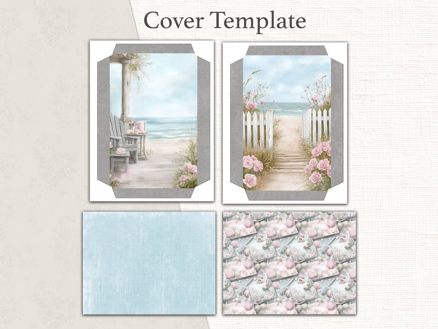 Printable journal cover template and spine designs featuring a sandy path leading to the ocean, whitewashed fences, and coastal floral patterns.