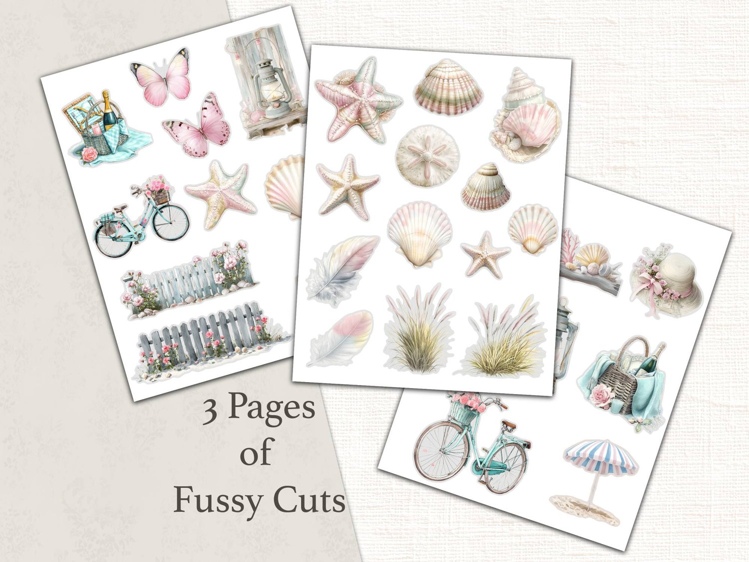 Three printable pages of coastal fussy cuts featuring pink seashells, starfish, beach bicycles, sun hats, sand dollars, and lanterns.