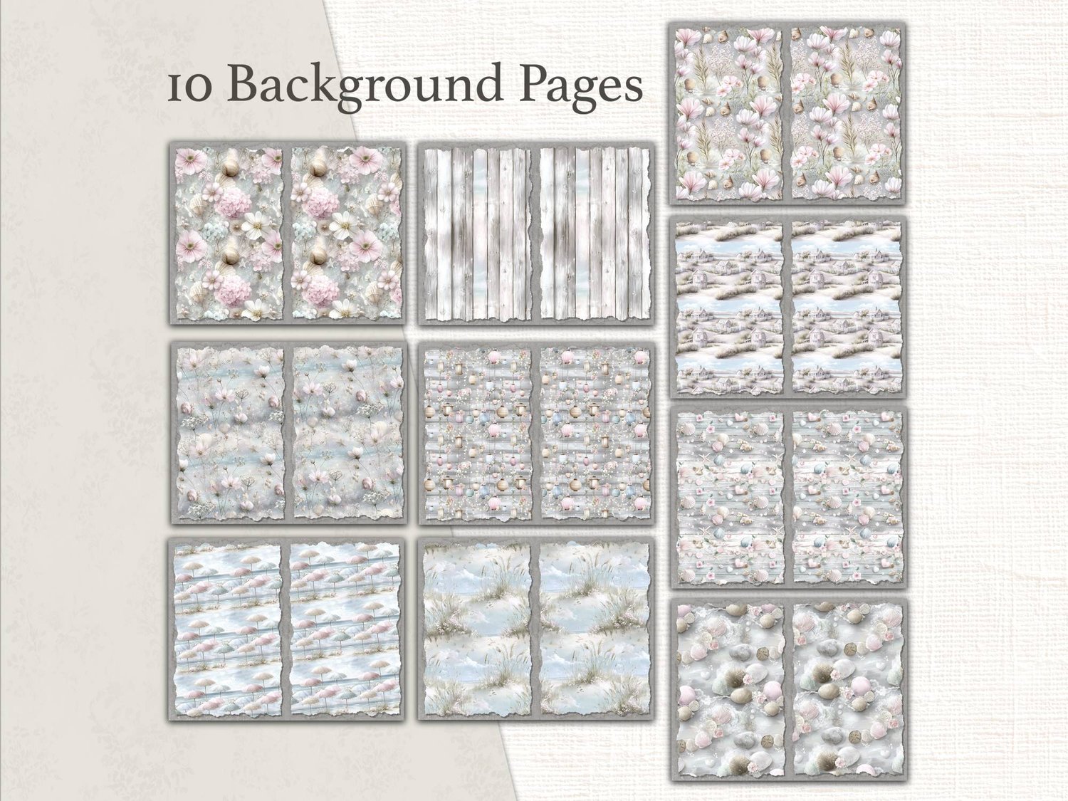 Preview of 10 background pages featuring soft coastal textures, weathered grey wood panels, pink roses, and seashell collage patterns.