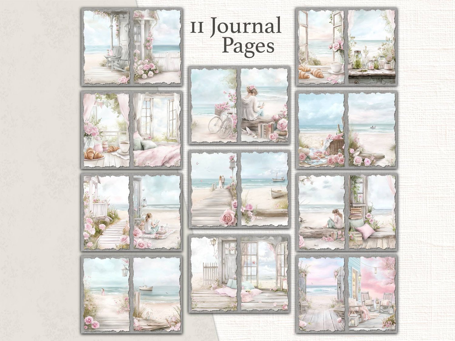 Grid preview of 11 printable journal pages displaying seaside cottage windows, coastal porches, beach paths, and pink floral accents.