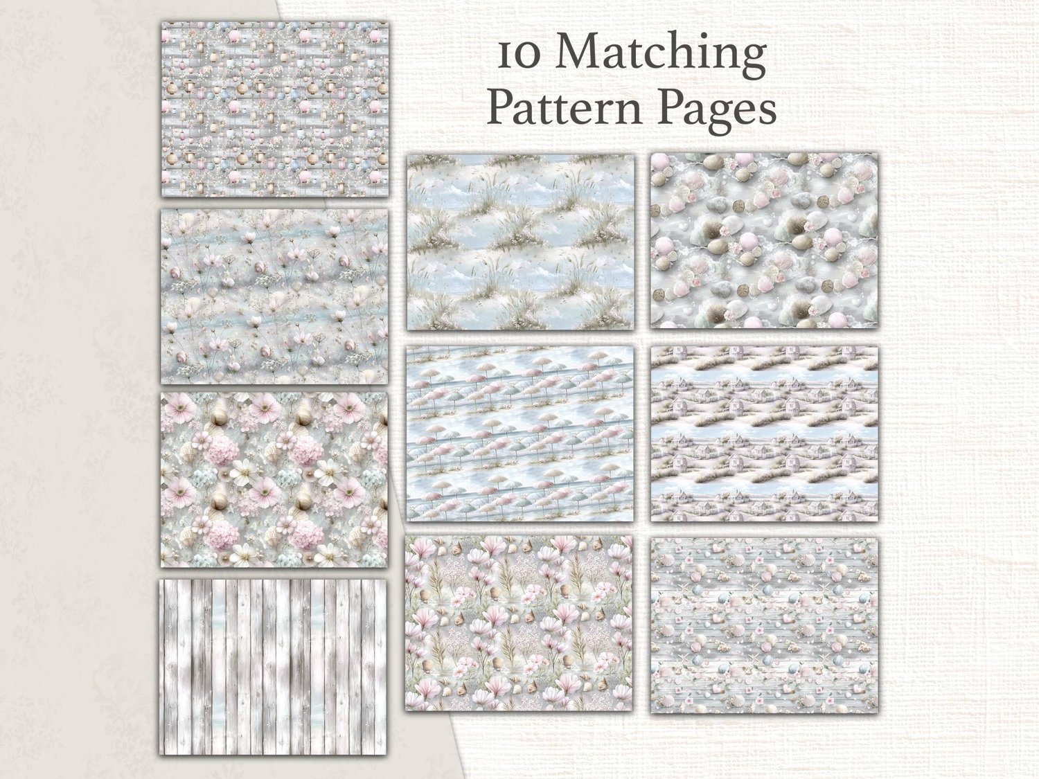 Grid preview of 10 matching pattern pages featuring repeating beach cottage designs, seashells, sea glass, and distressed wood prints.