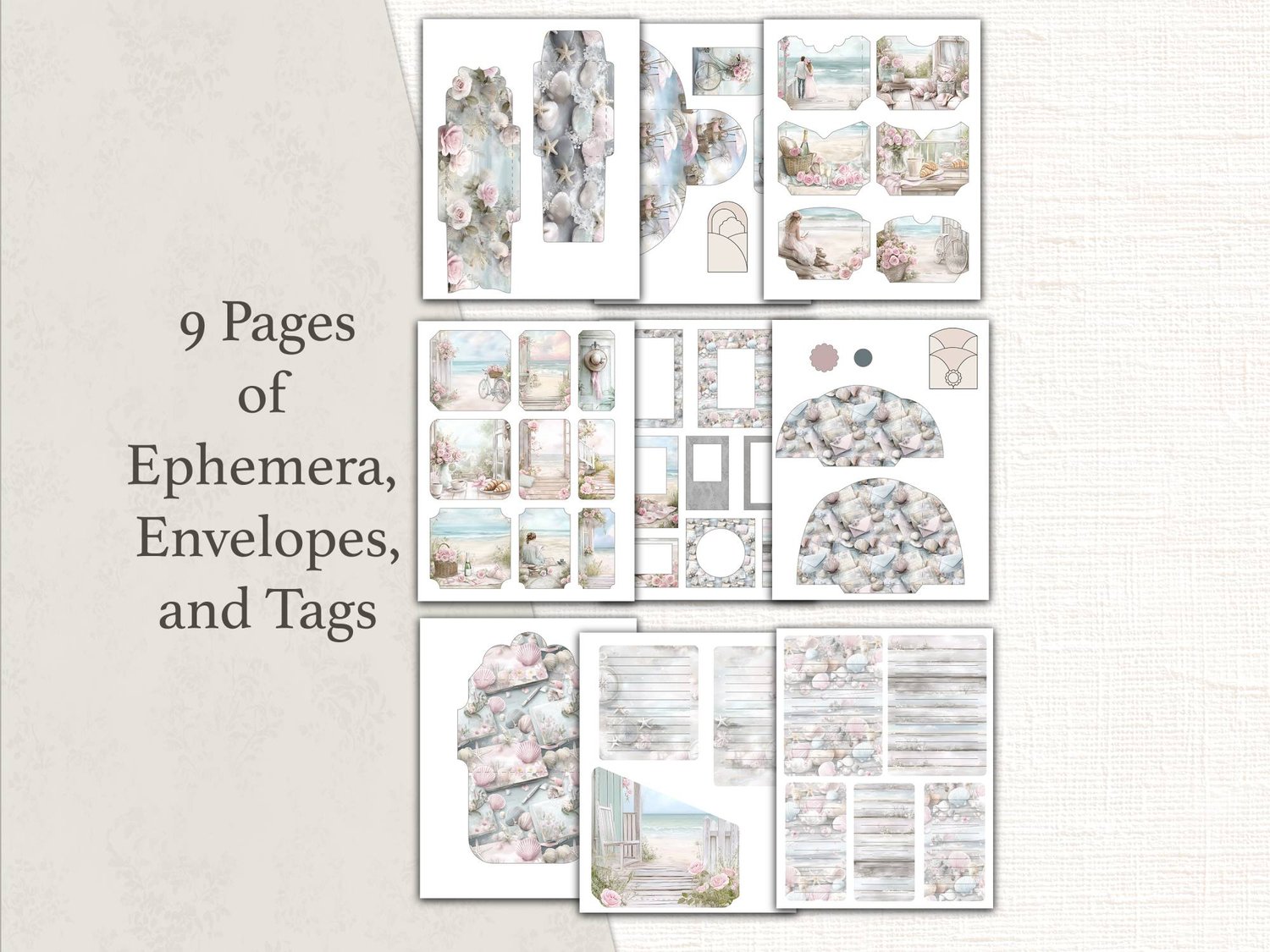Preview showing 9 printable pages of summer cottage ephemera, envelopes, pockets, journaling spots, and beach-themed tags.