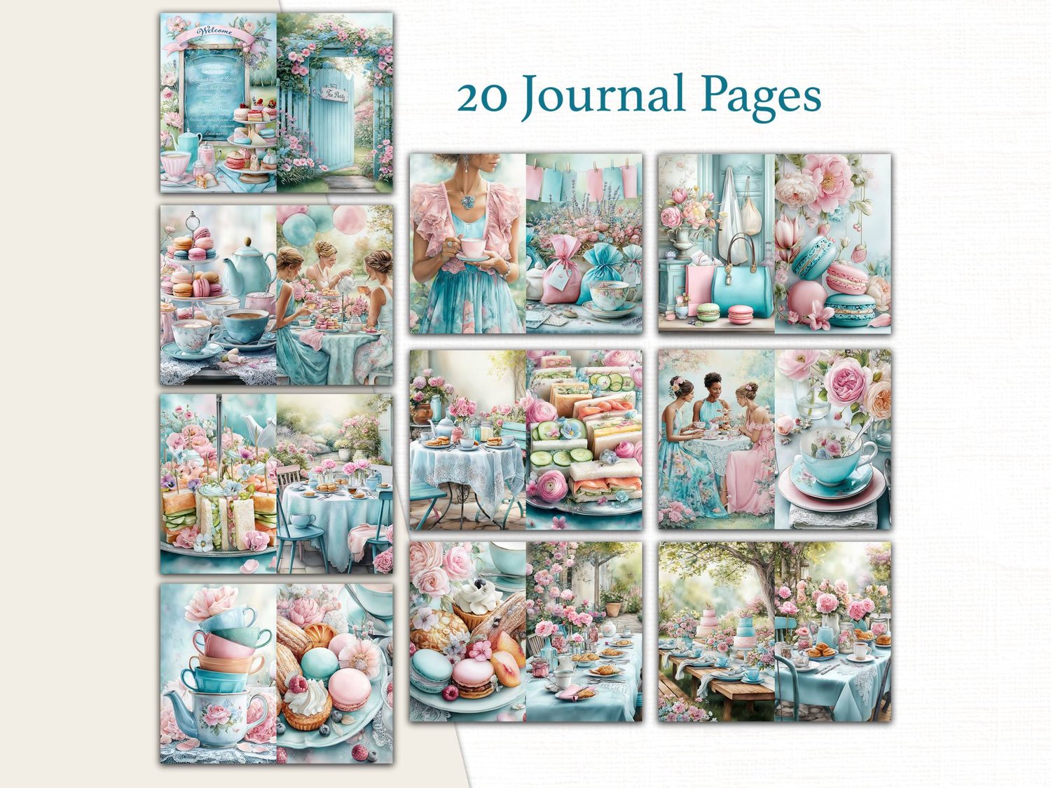 Preview of printable journal pages displaying garden tea party tables, teapots, pink pastries, and floral garden bowers in teal and pink.